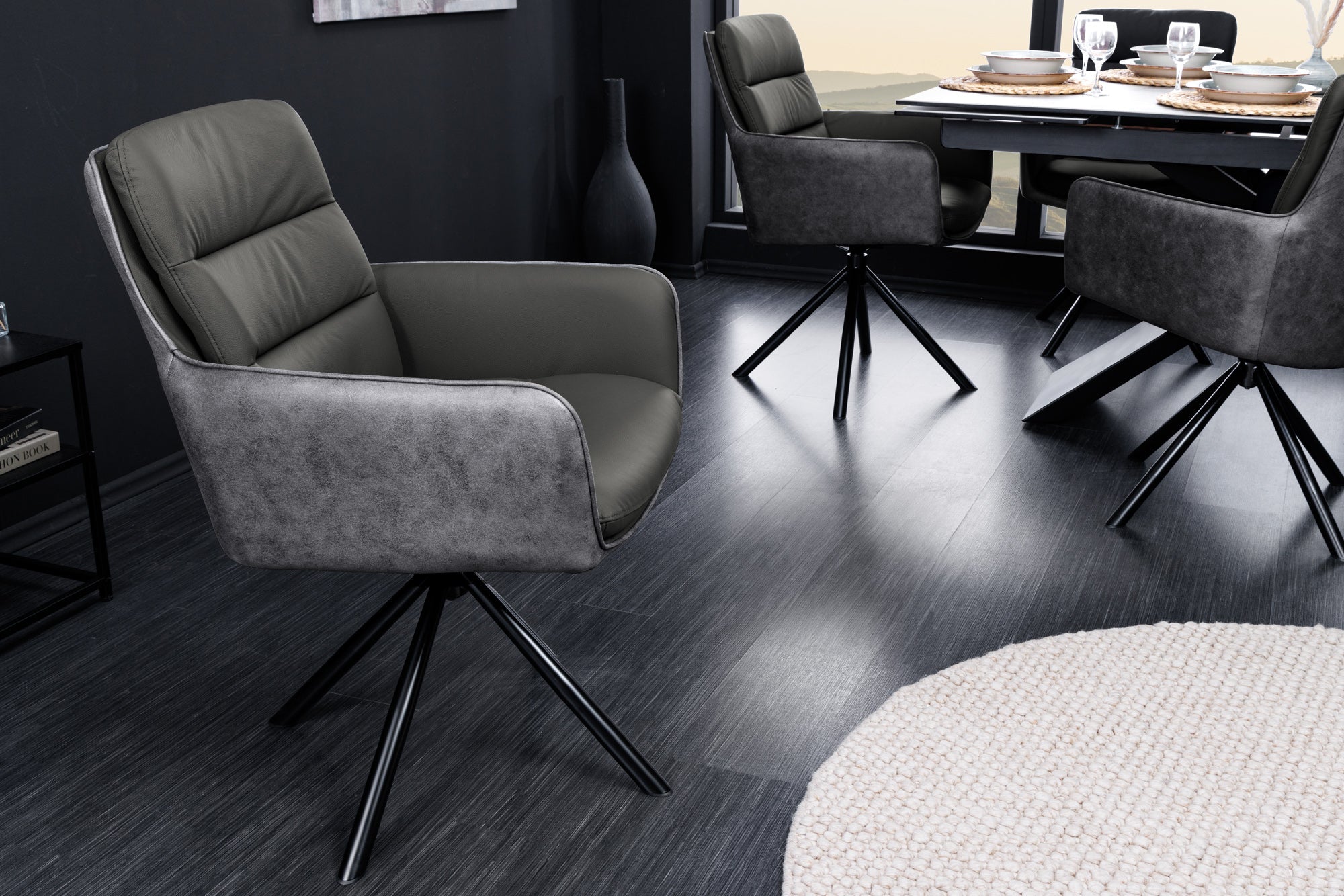 Silla giratoria BIG GEORGE de piel auténtica microfibra gris con reposabrazos y patas de metal negro