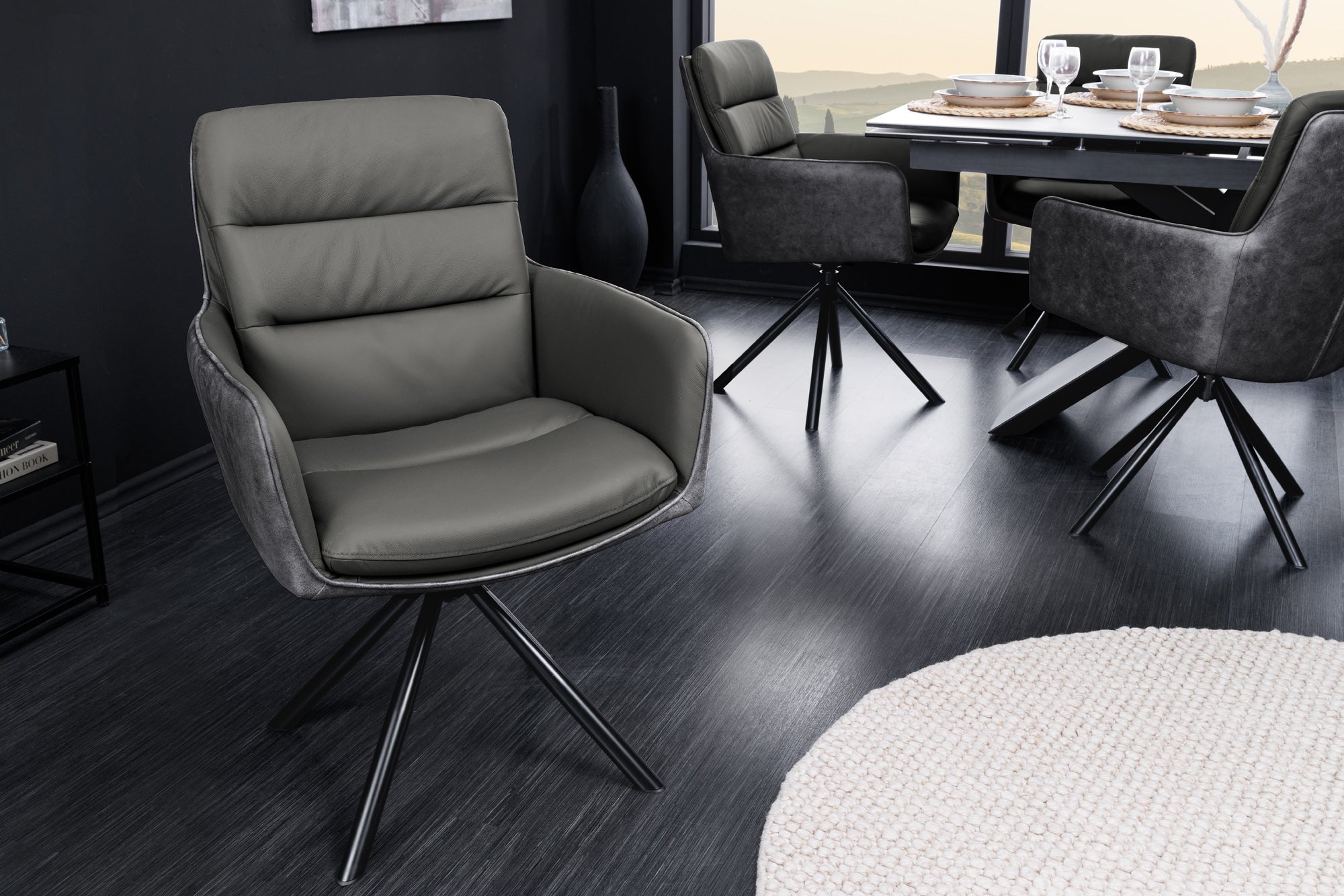Silla giratoria BIG GEORGE de piel auténtica microfibra gris con reposabrazos y patas de metal negro