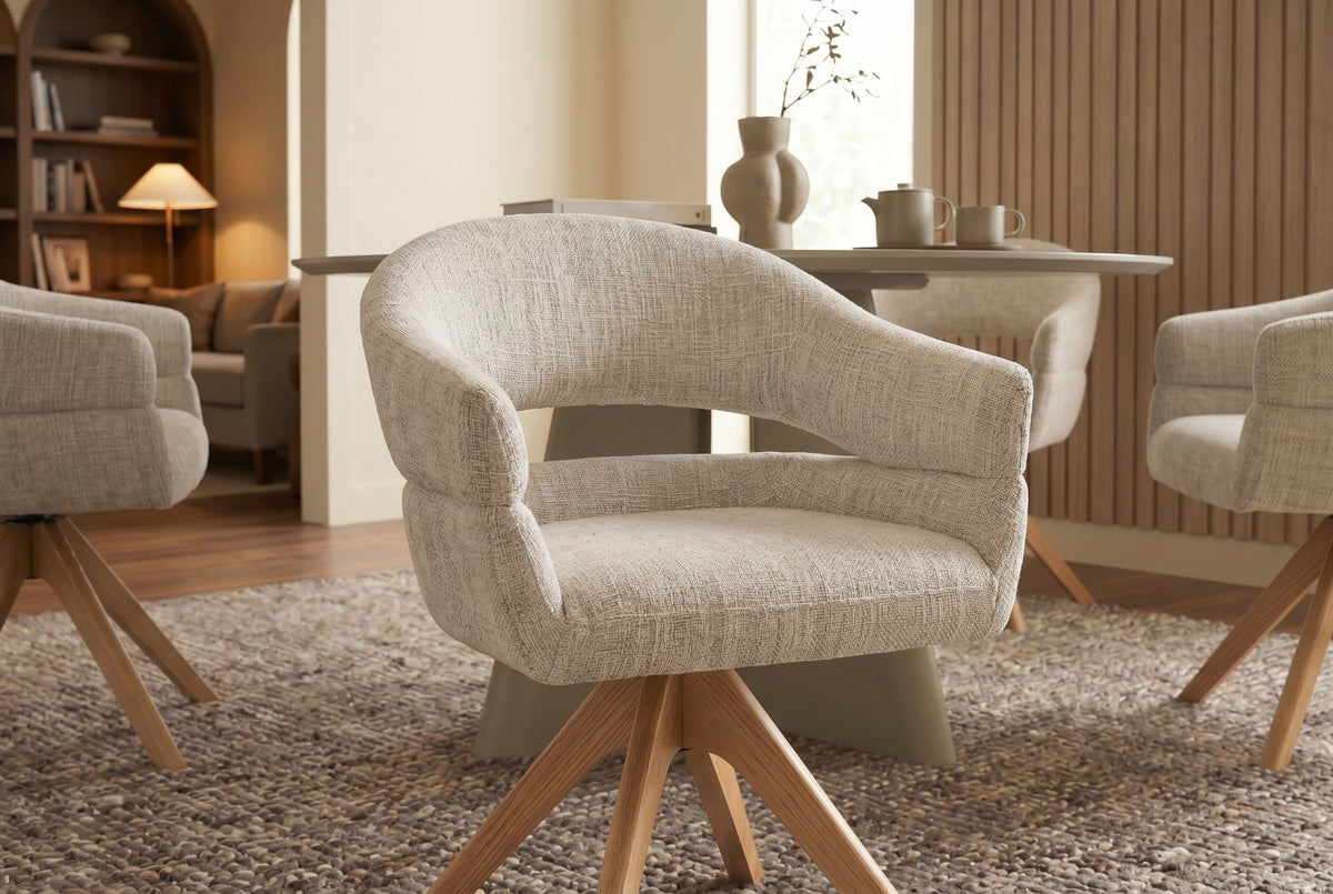Chaise pivotante ORGANIKO beige tissu chenille piètement en bois de chêne avec accoudoir