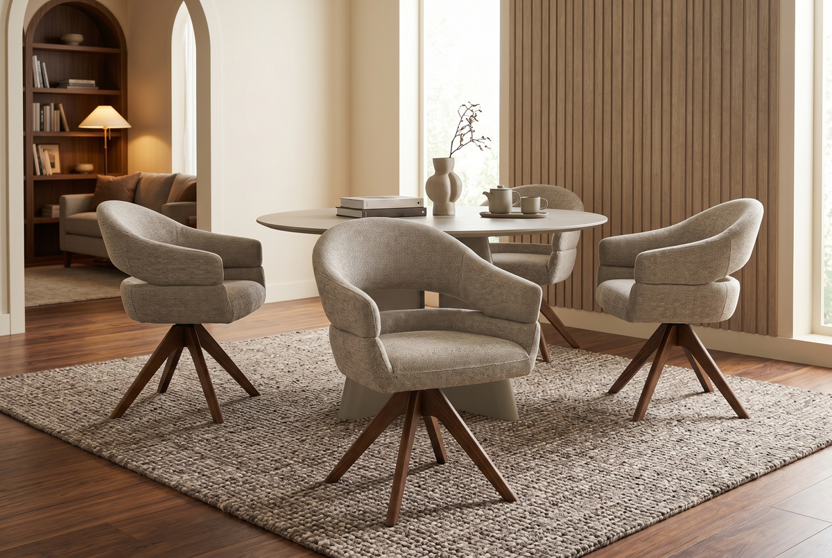 Chaise pivotante ORGANIKO taupe beige tissu structuré piètement en bois de noyer avec accoudoirs