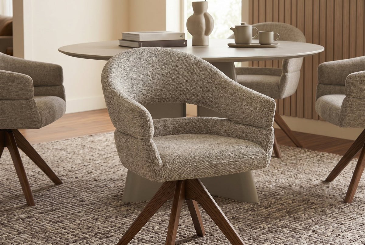 Chaise pivotante ORGANIKO taupe beige tissu structuré piètement en bois de noyer avec accoudoirs