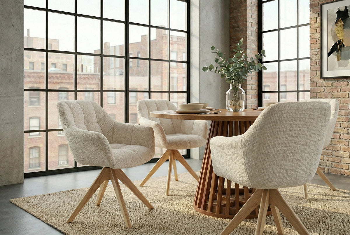 Chaise pivotante PAPILLON beige champagne chenille chêne massif Cremona