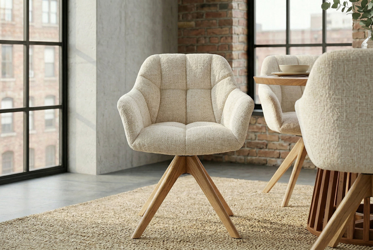 Chaise pivotante PAPILLON beige champagne chenille chêne massif Cremona