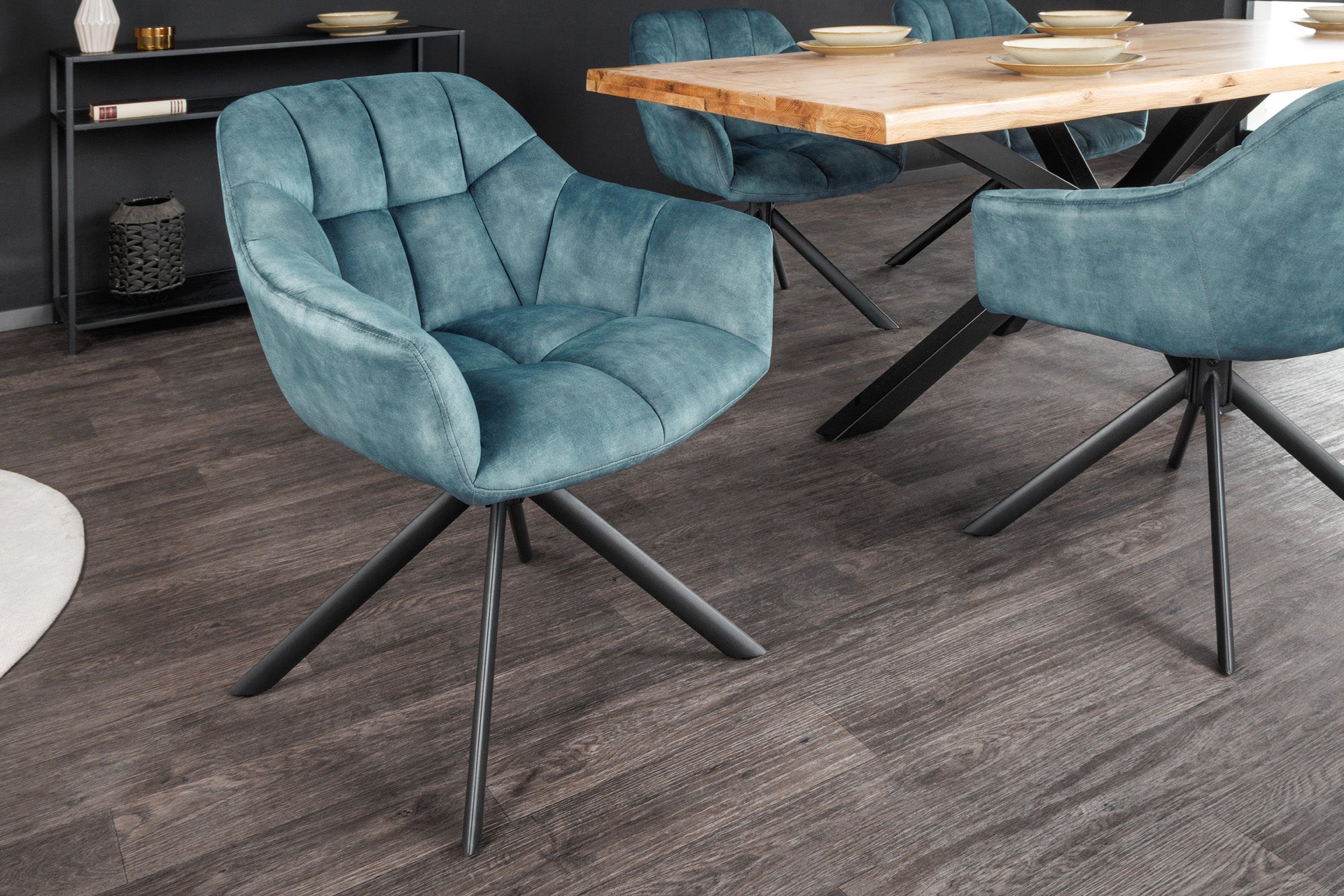 Lote de 2x sillones giratorios PAPILLON terciopelo petróleo patas de metal negro apoyabrazos