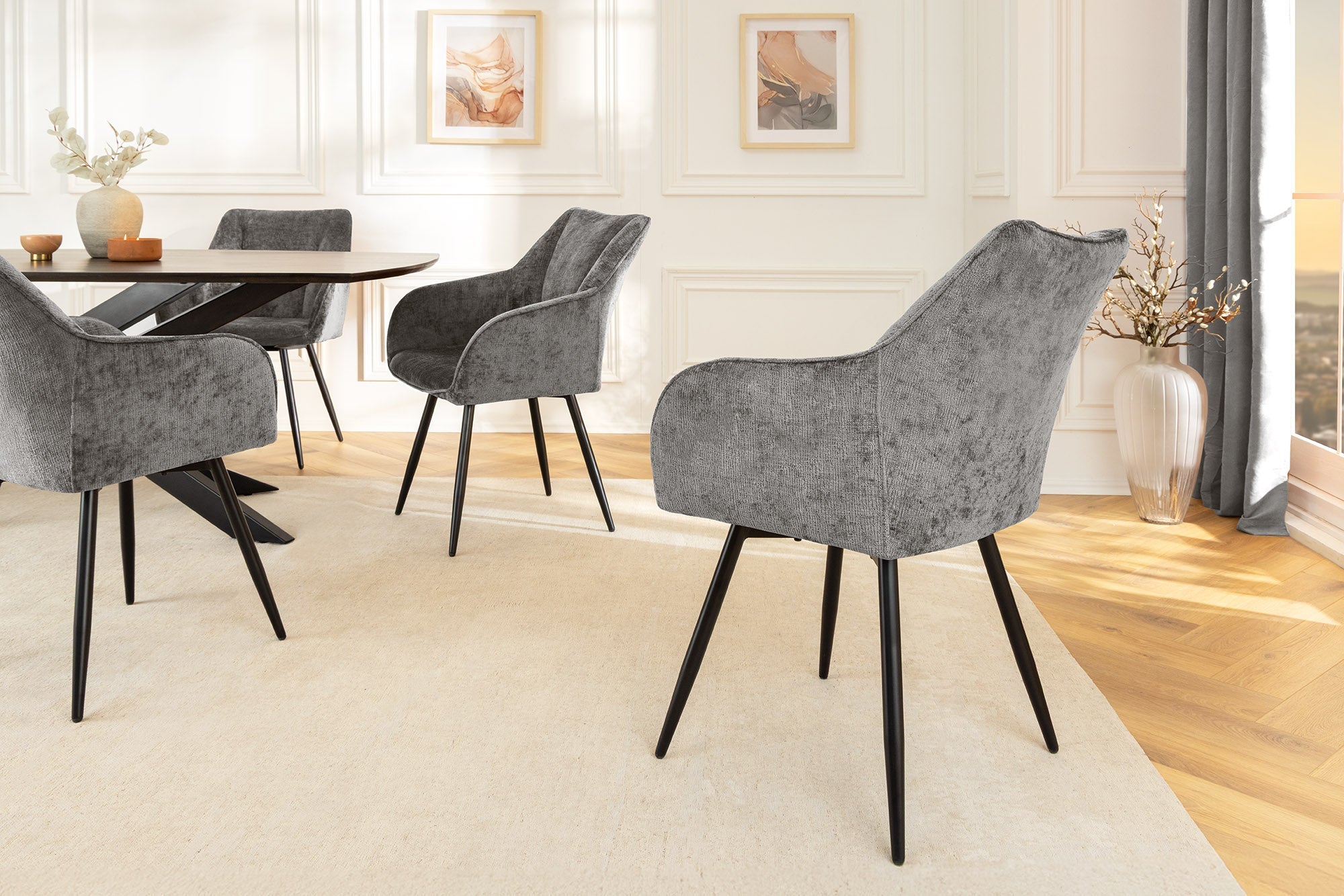 Lot de 2x chaises pivotante rétro AVIGNON chenille grise pieds métal noir