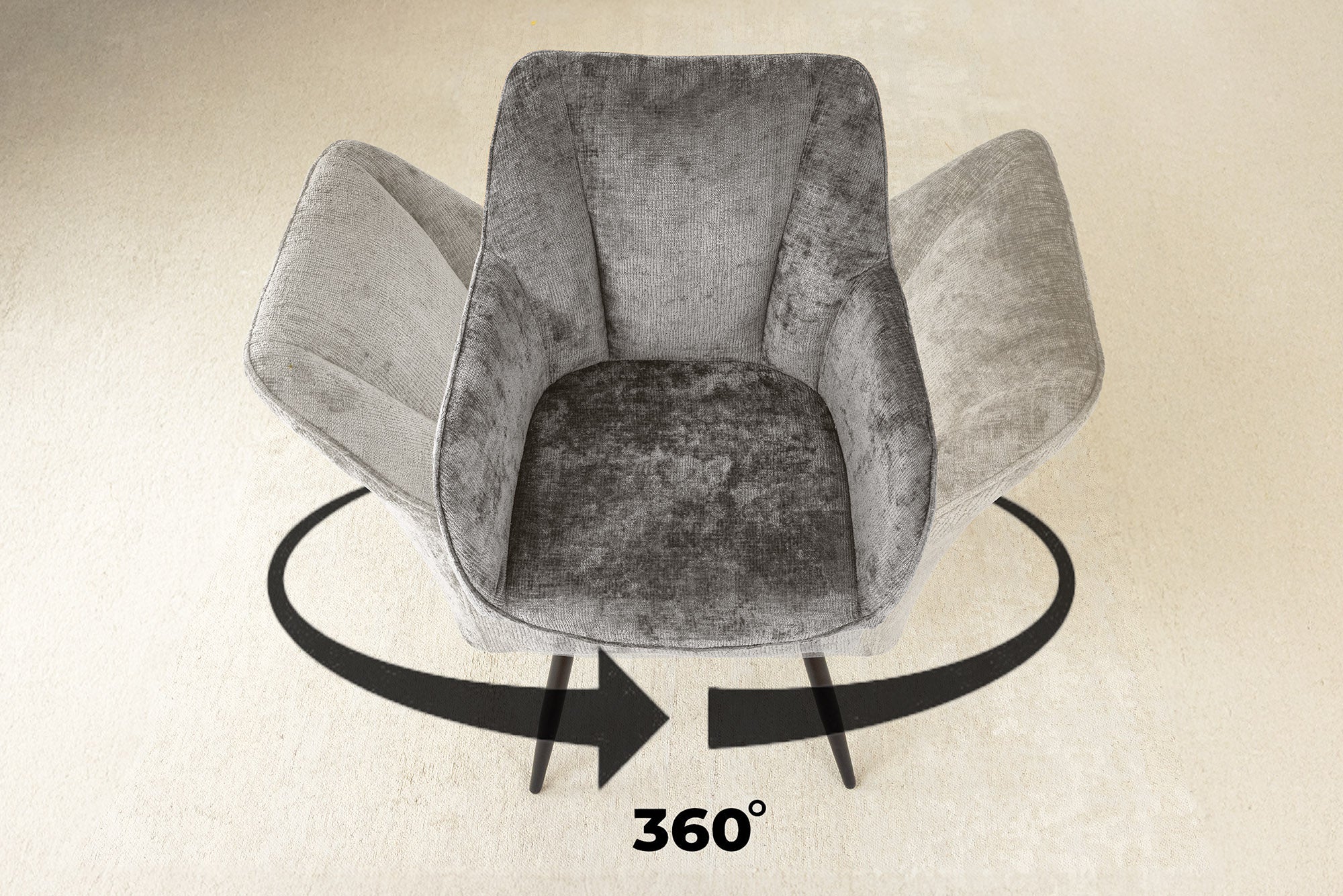 Lot de 2x chaises pivotante rétro AVIGNON chenille grise pieds métal noir