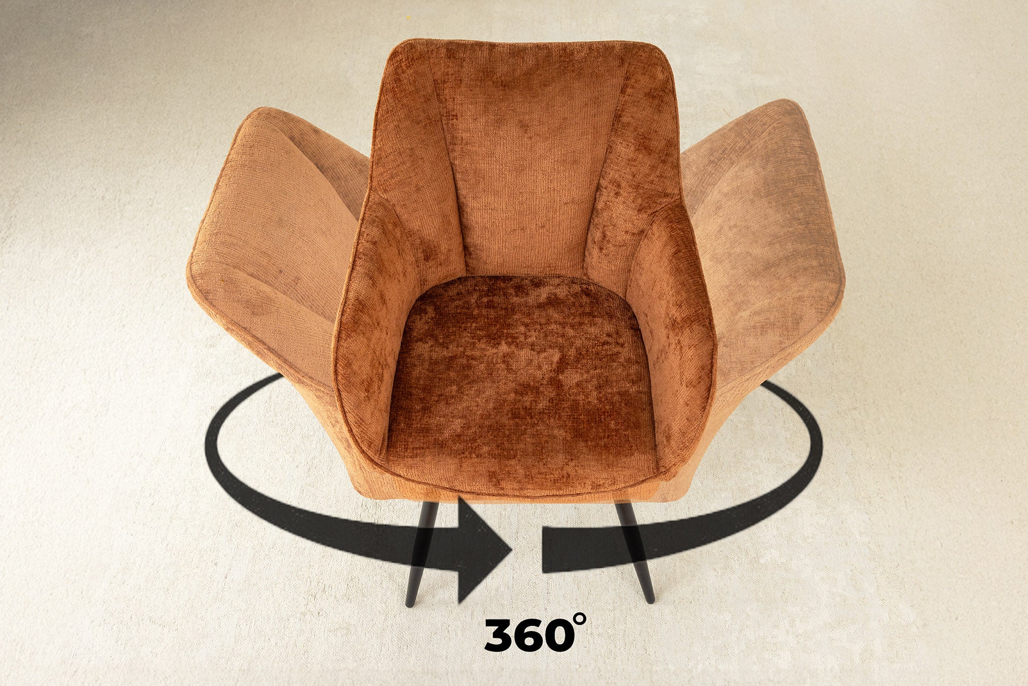 Juego de 2 sillones giratorios de chenilla marrón óxido retro ÚNICOS con patas y reposabrazos de metal negro