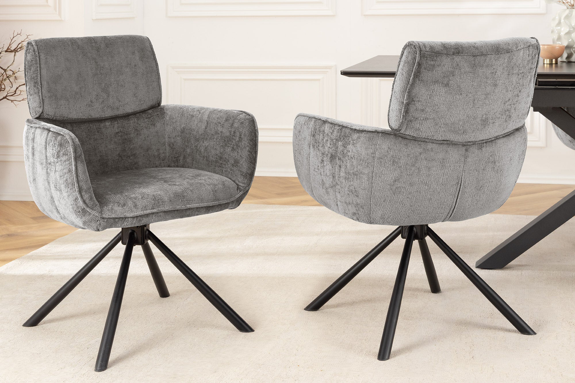Lot de 2x chaises pivotante rétro UNIQUE chenille grise structure en métal noir avec accoudoirs