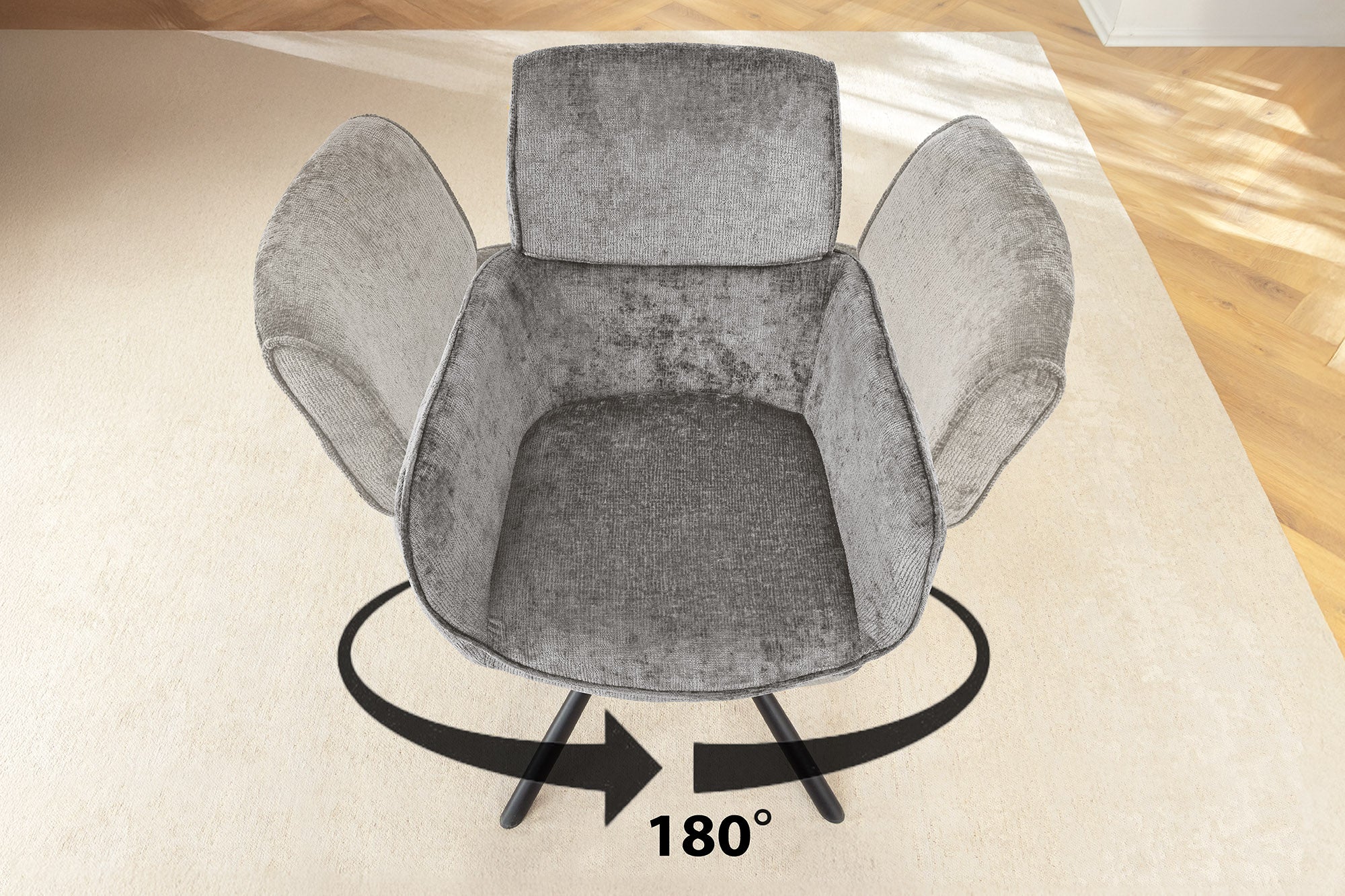 Lot de 2x chaises pivotante rétro UNIQUE chenille grise structure en métal noir avec accoudoirs