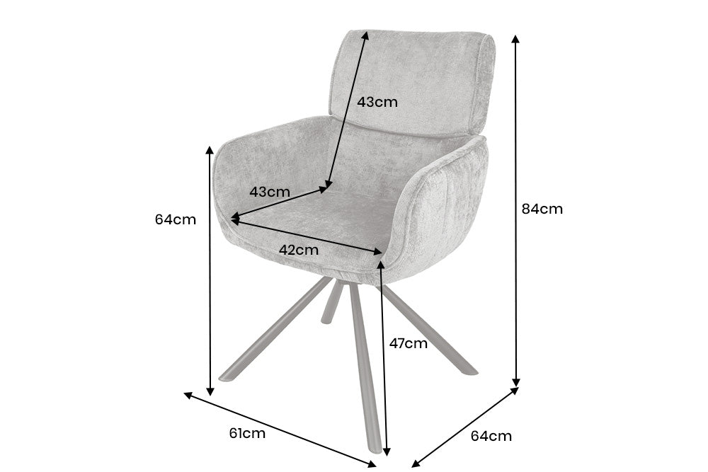 Lot de 2x chaises pivotante rétro UNIQUE chenille grise structure en métal noir avec accoudoirs