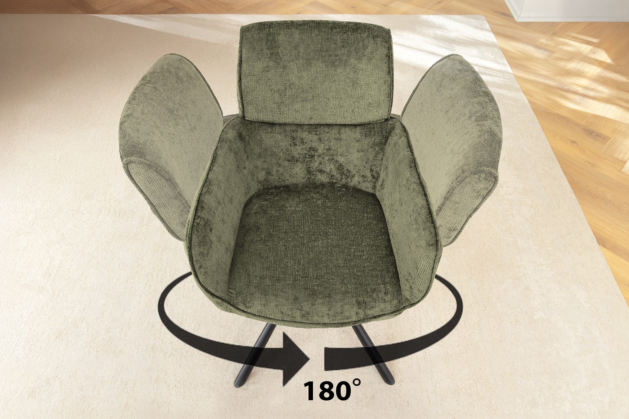 Juego de 2x sillas giratorias retro UNIQUE de chenilla verde con patas y reposabrazos de metal negro