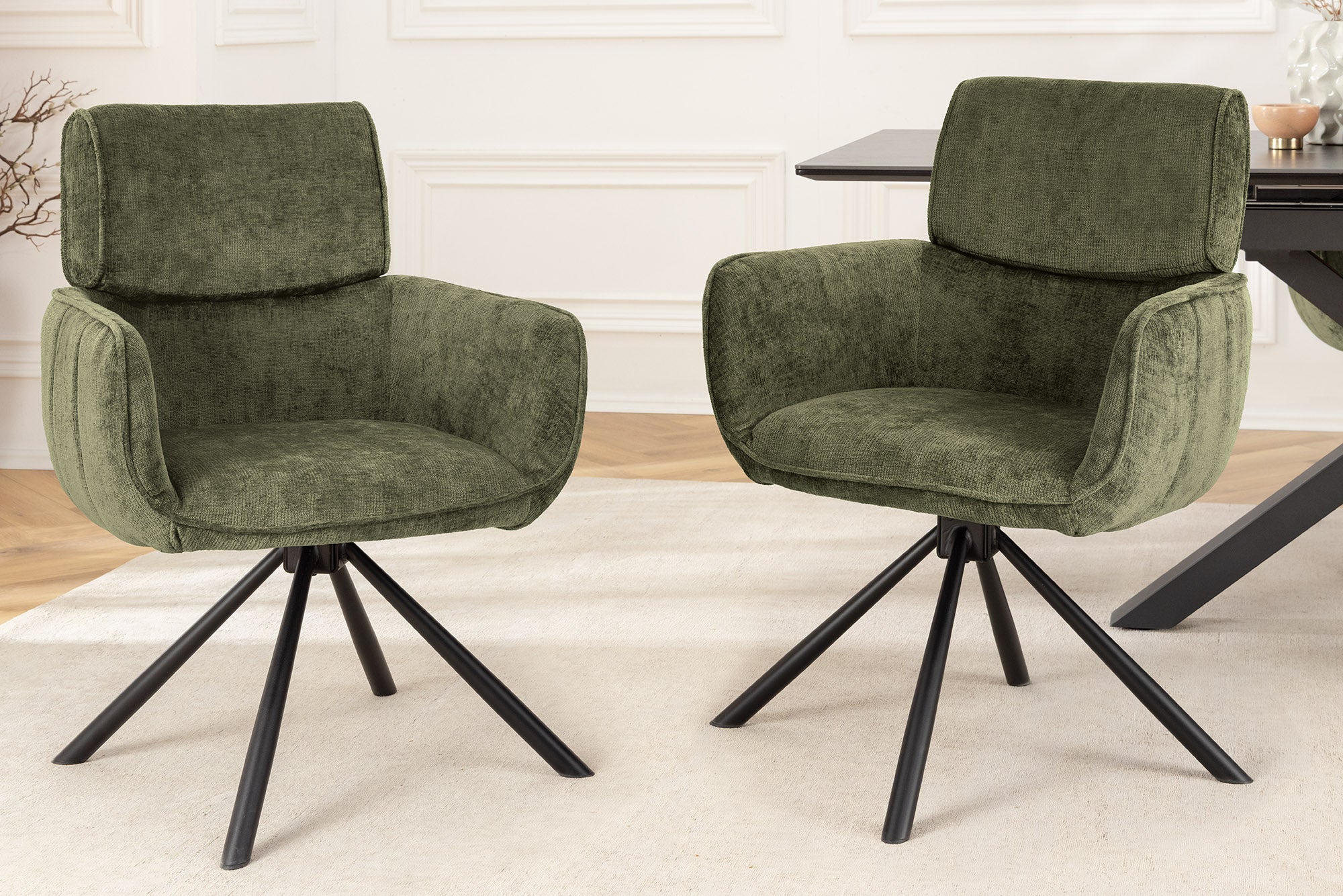 Juego de 2x sillas giratorias retro UNIQUE de chenilla verde con patas y reposabrazos de metal negro