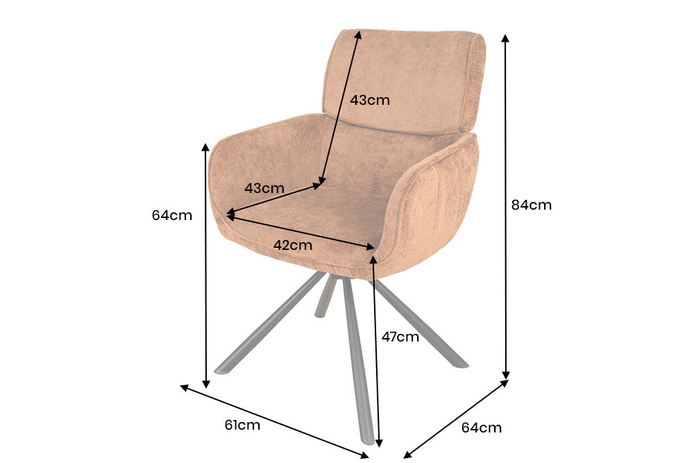 Lot de 2x chaises pivotante rétro UNIQUE en chenille marron rouille pieds en métal noir avec accoudoirs