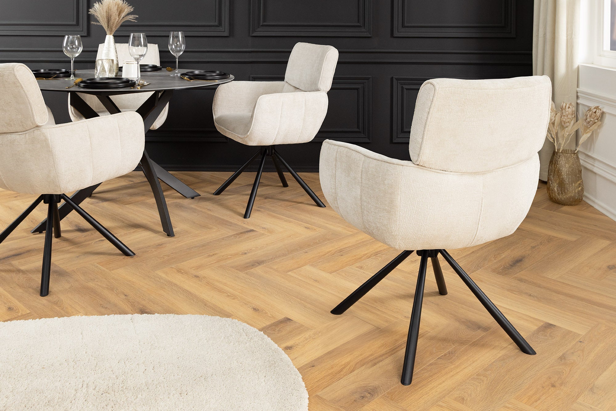 Juego de 2x sillas giratorias retro UNIQUE con patas y reposabrazos de metal chenilla beige champán