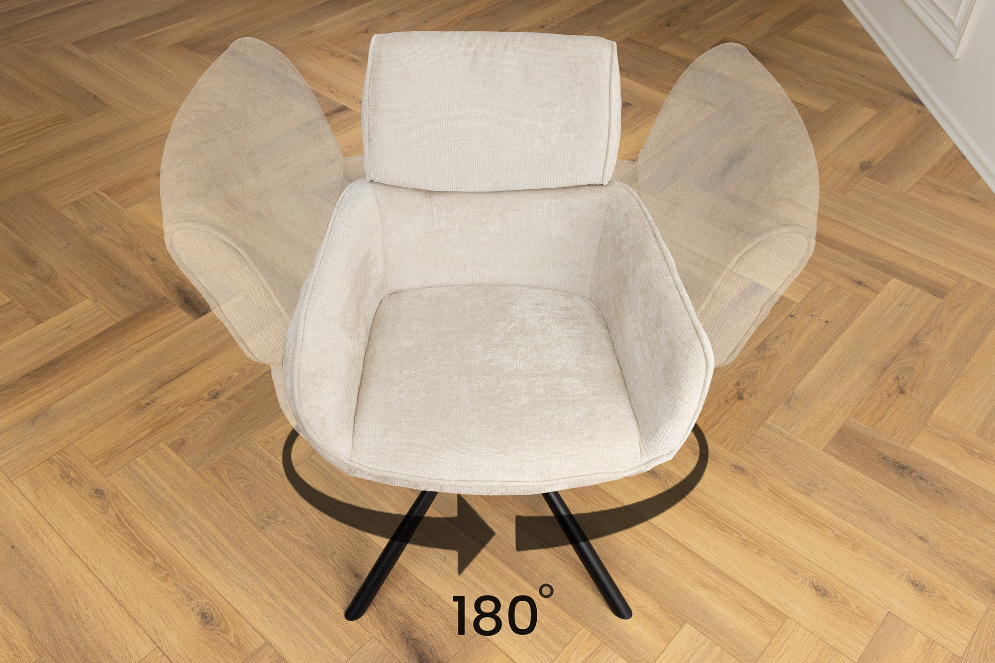 Juego de 2x sillas giratorias retro UNIQUE con patas y reposabrazos de metal chenilla beige champán