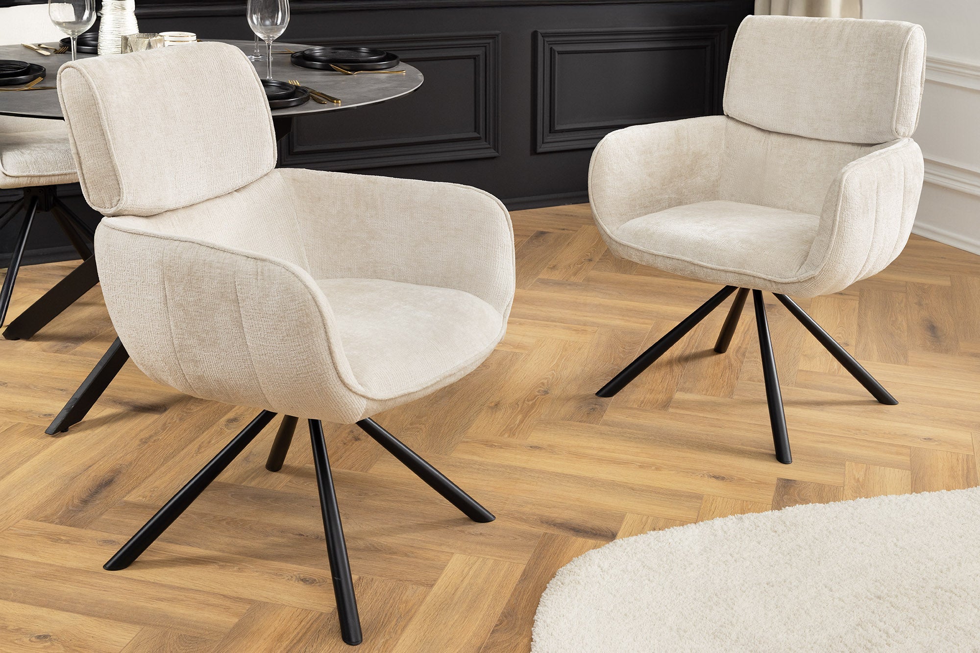 Juego de 2x sillas giratorias retro UNIQUE con patas y reposabrazos de metal chenilla beige champán