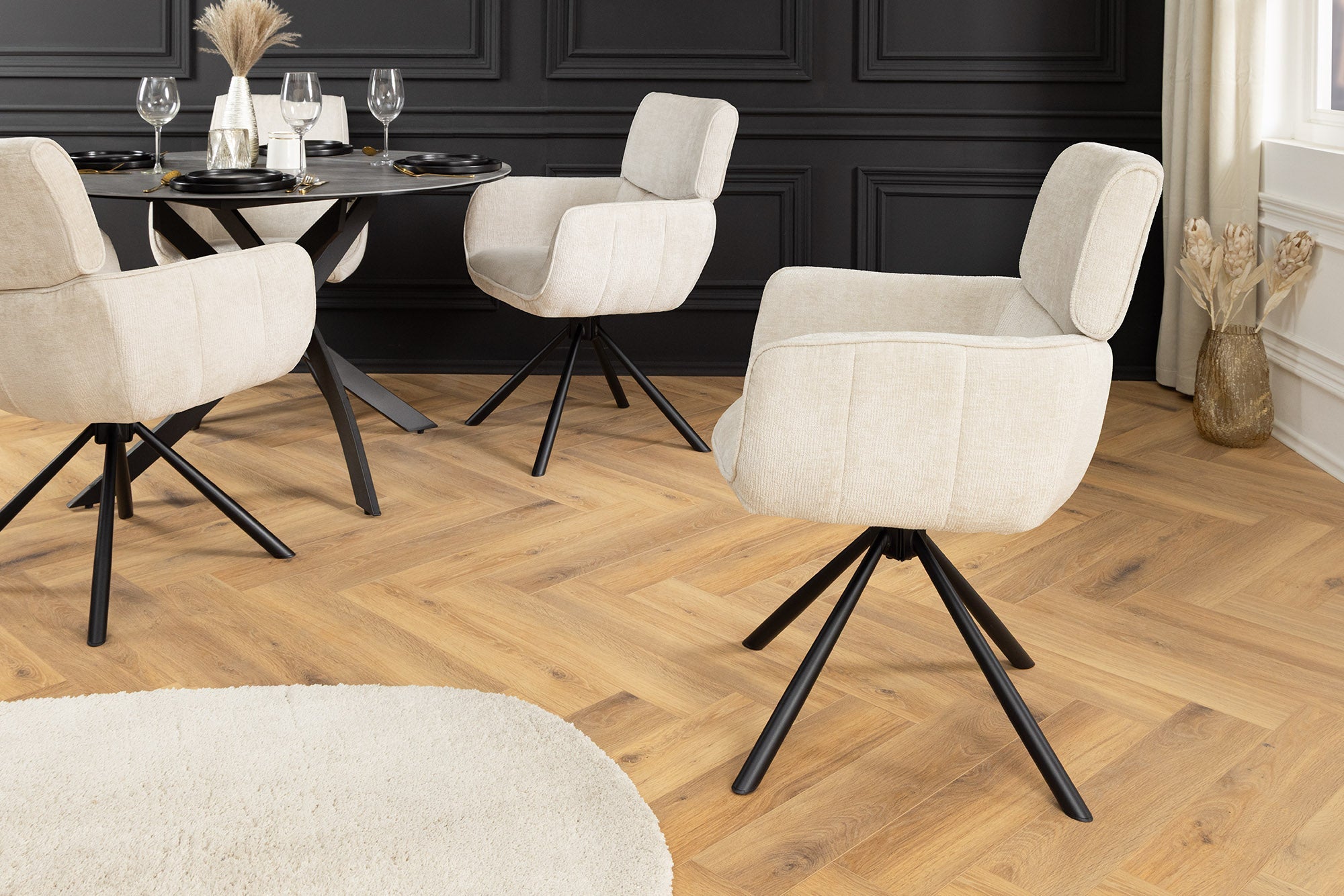 Juego de 2x sillas giratorias retro UNIQUE con patas y reposabrazos de metal chenilla beige champán