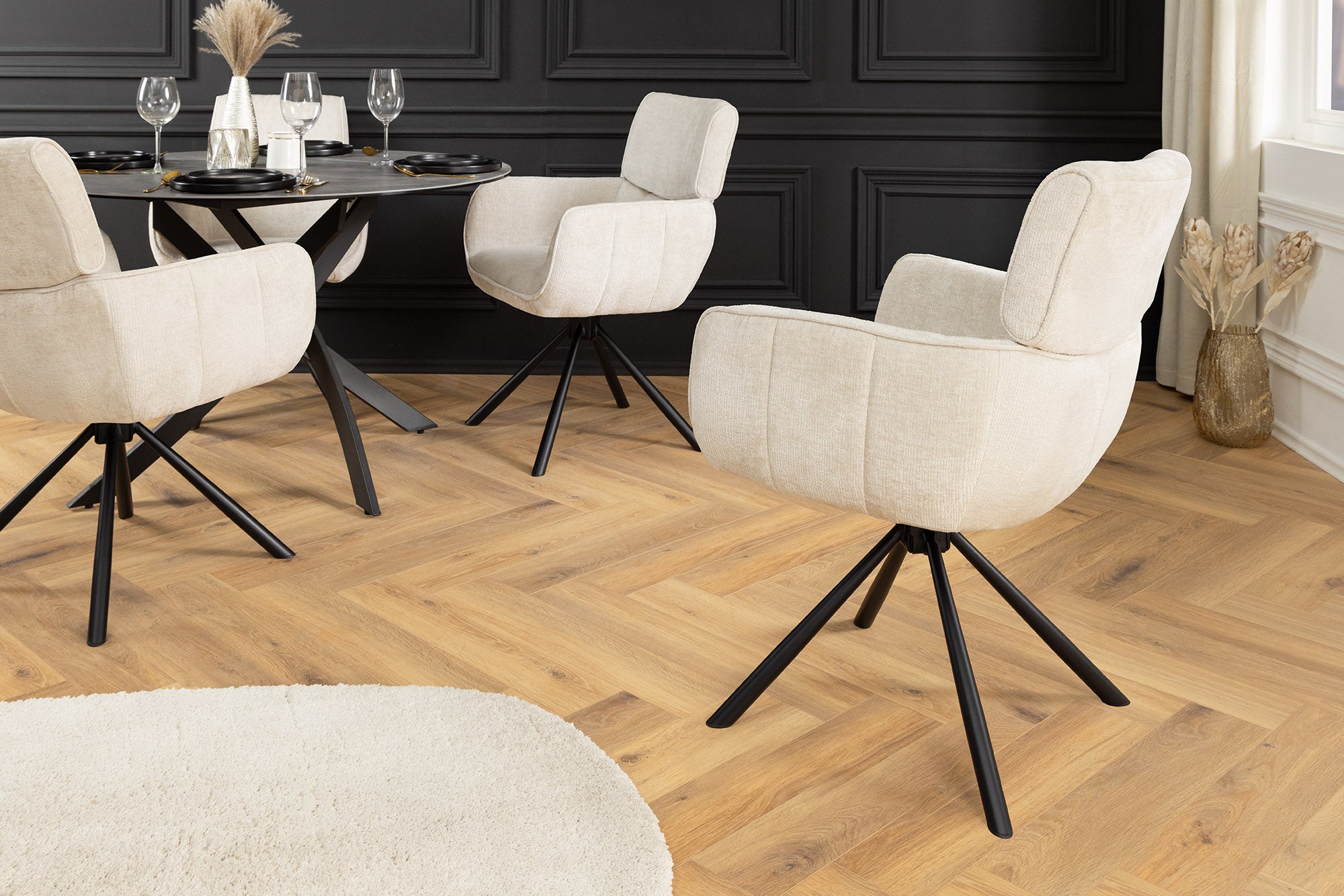 Juego de 2x sillas giratorias retro UNIQUE con patas y reposabrazos de metal chenilla beige champán