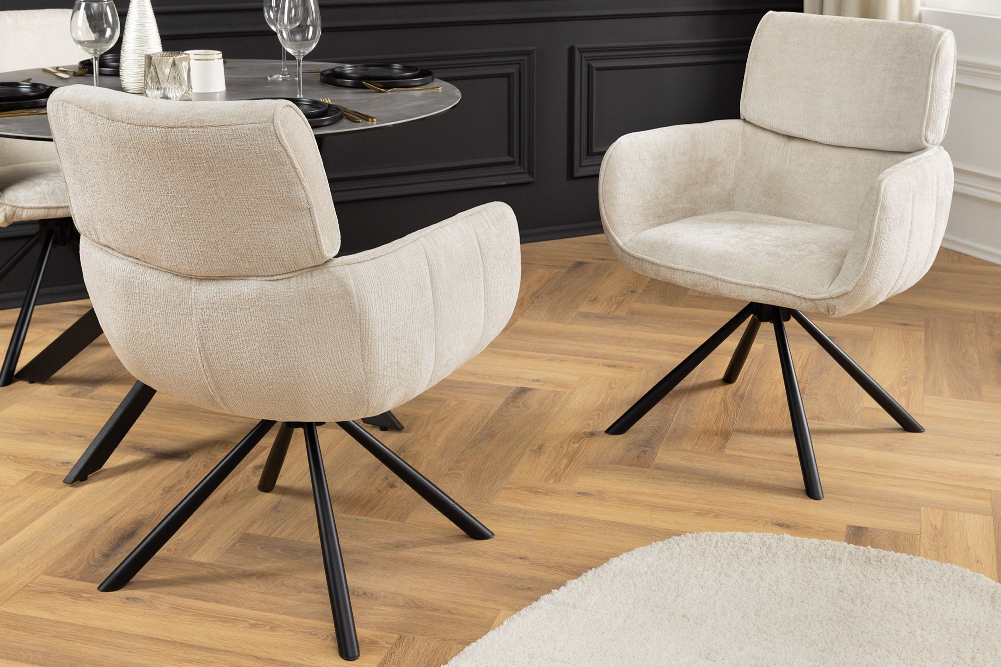 Lot de 2x chaises pivotante rétro UNIQUE pieds métal chenille beige champagne avec accoudoirs