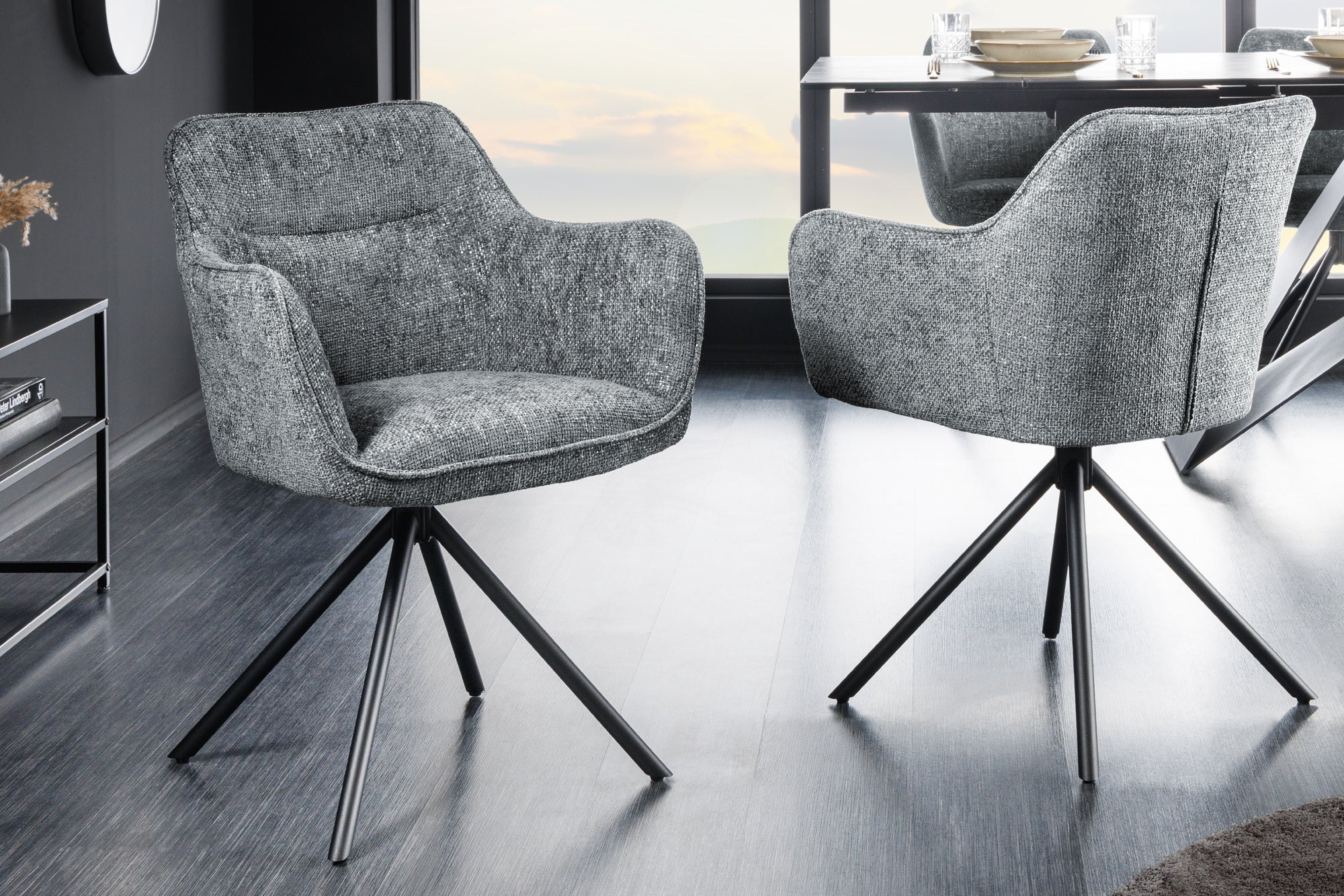 Lote de 2 sillas giratorias VERONA de tela estructurada gris con brazos y patas de metal negro