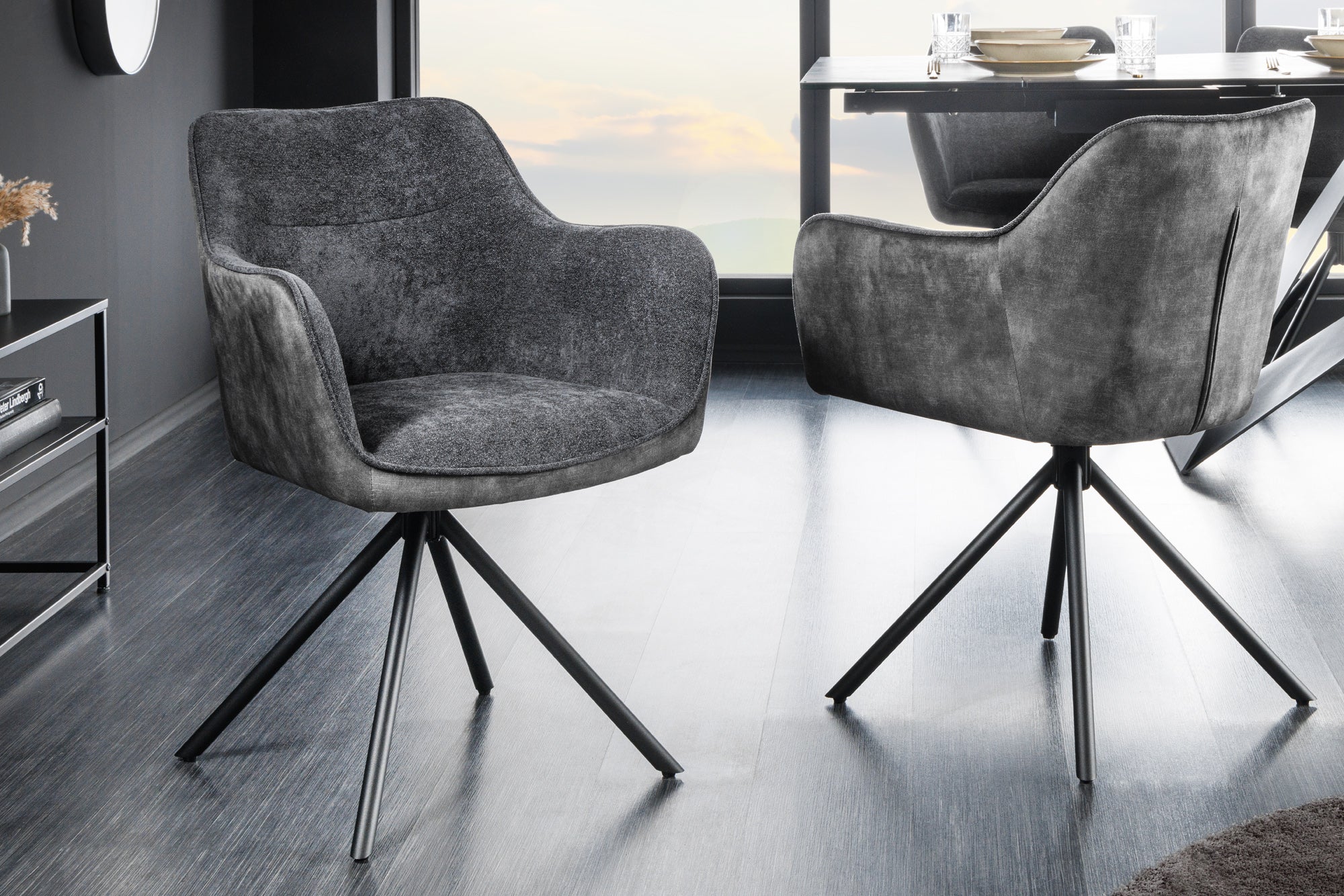 Lote de 2 sillas giratorias VERONA de tela con textura de terciopelo gris oscuro y brazos y patas de metal negro