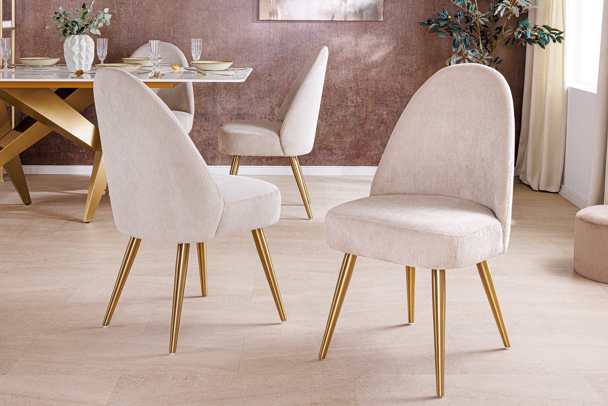 Lote de 2x sillas retro de metal cepillado MIA CASA beige champán oro