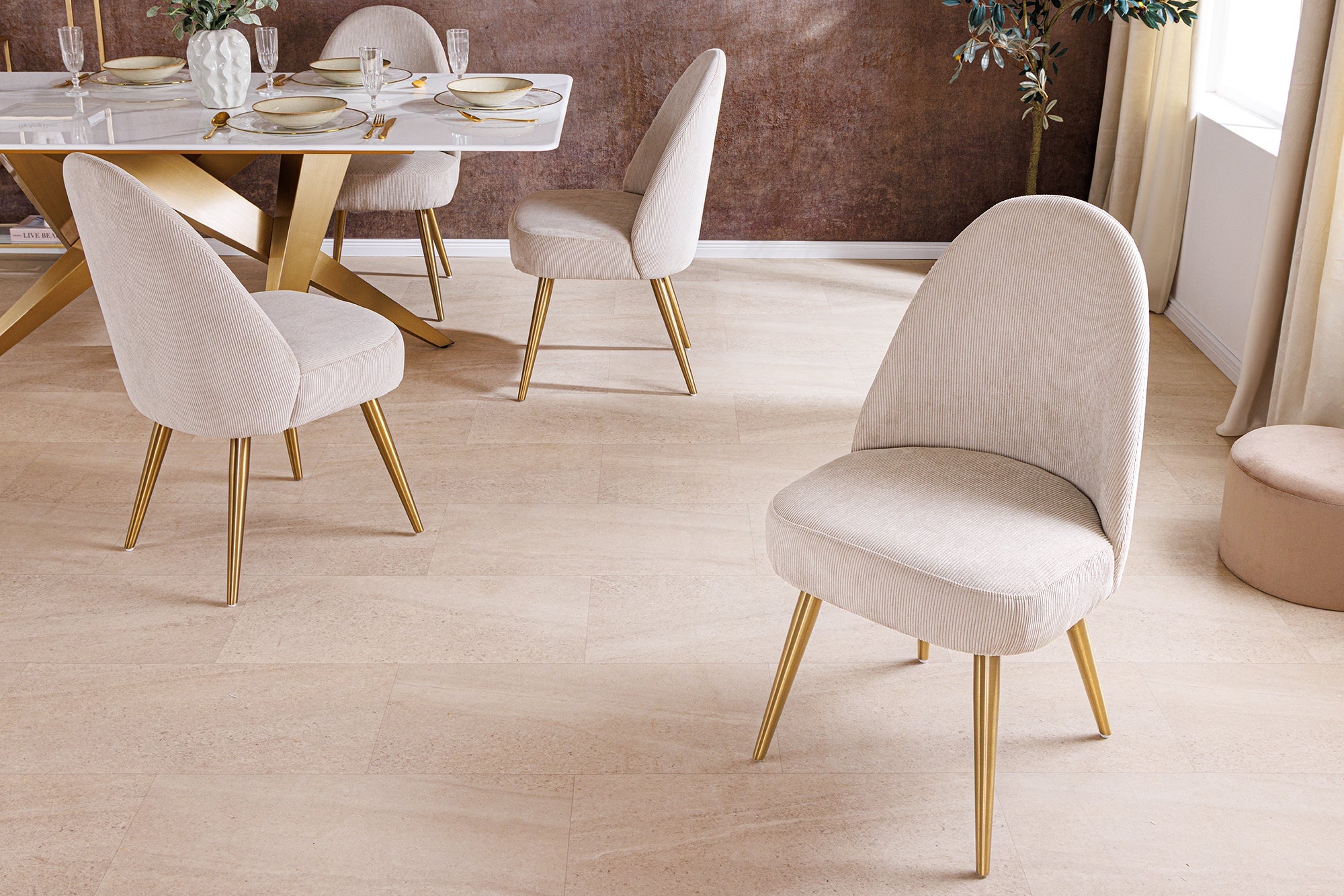 Lot de 2x chaises rétro MIA CASA beige cordon champagne or métal brossé