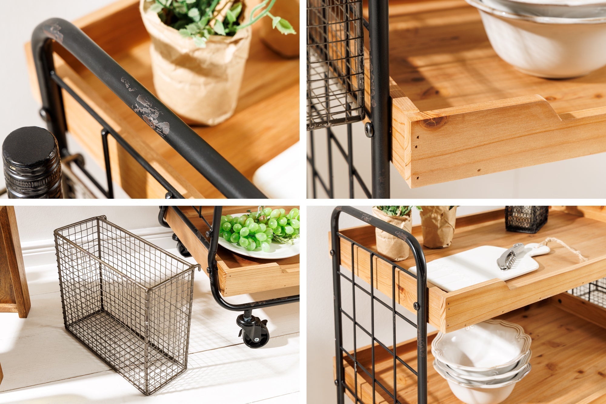 Chariot de service en bois massif SEVEN SEAS Chariot de cuisine naturel 80cm en métal à roulettes