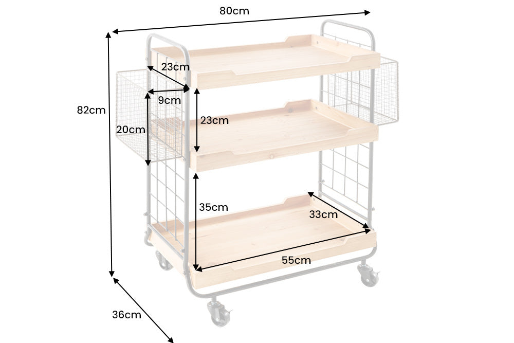 Chariot de service en bois massif SEVEN SEAS Chariot de cuisine naturel 80cm en métal à roulettes