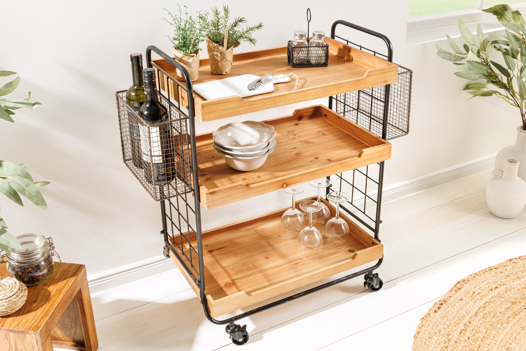 Chariot de service en bois massif SEVEN SEAS Chariot de cuisine naturel 80cm en métal à roulettes