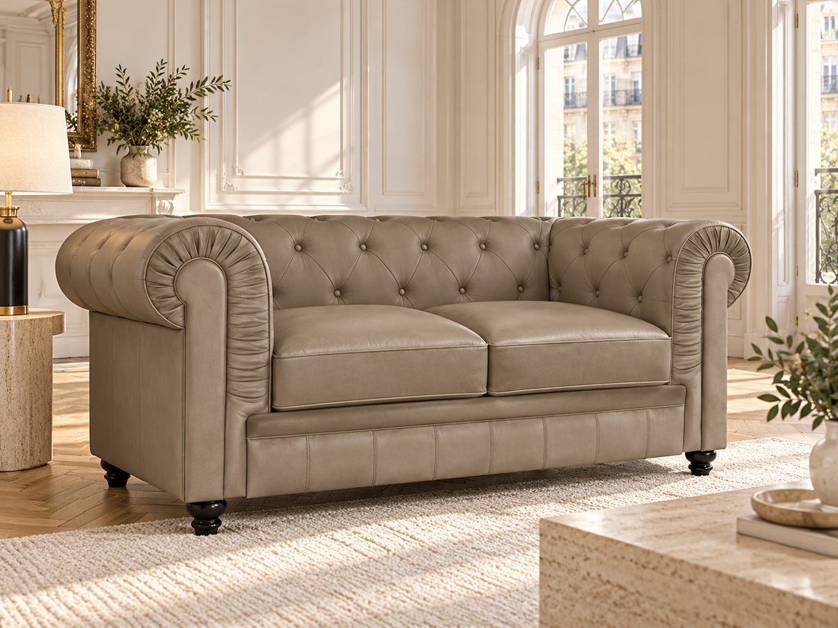 Chesterfield canape 2 places en simili cuir pu taupe — ambiance, meuble entier