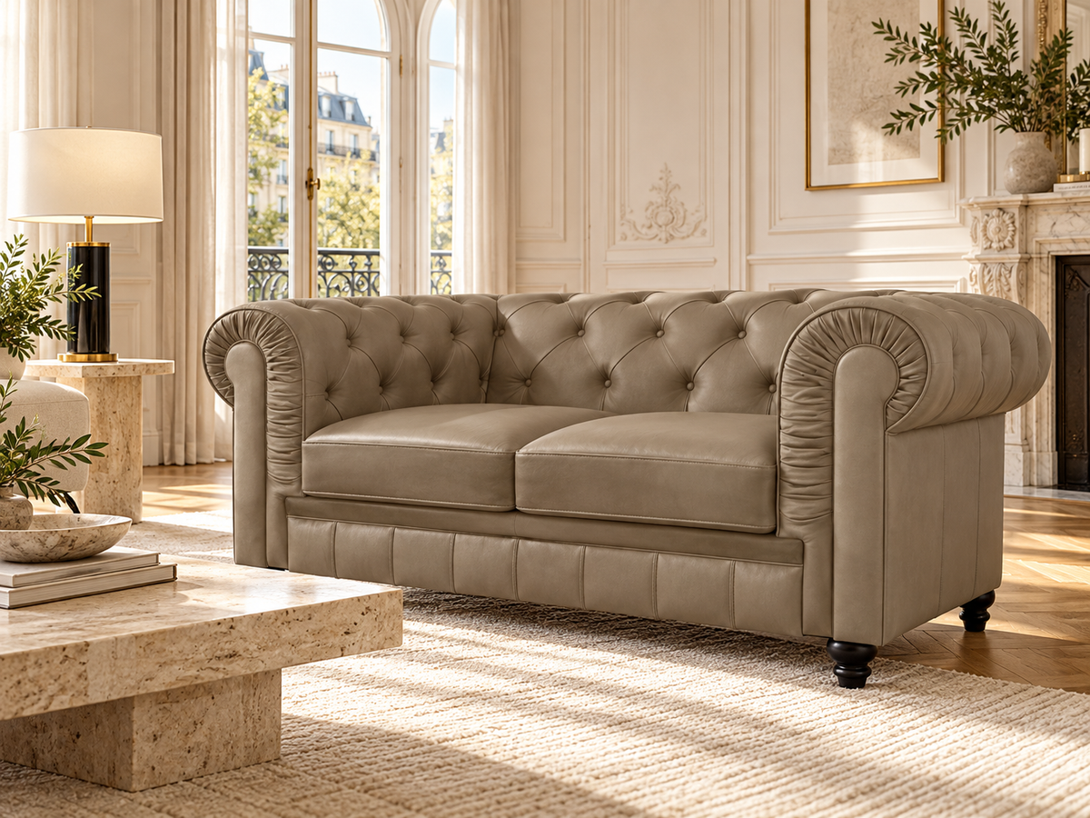 Chesterfield canape 2 places en simili cuir pu taupe — ambiance, meuble entier