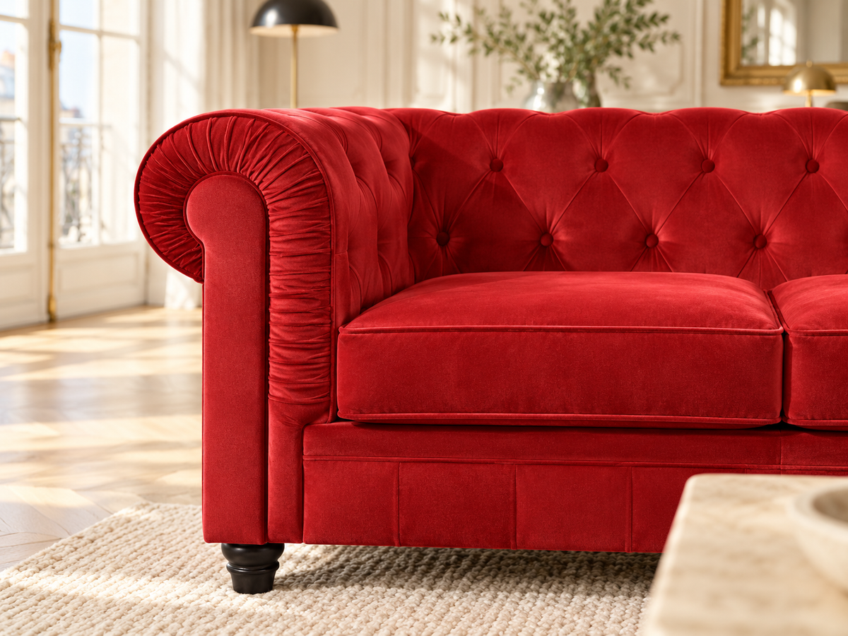 Chesterfield canape 2 places en velours rouge — détail