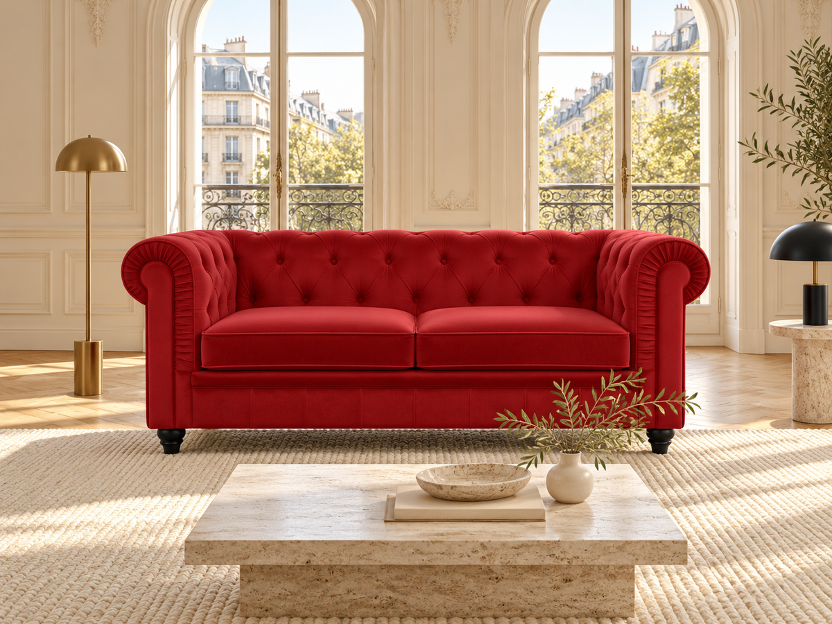 Chesterfield canape 2 places en velours rouge — ambiance, meuble entier