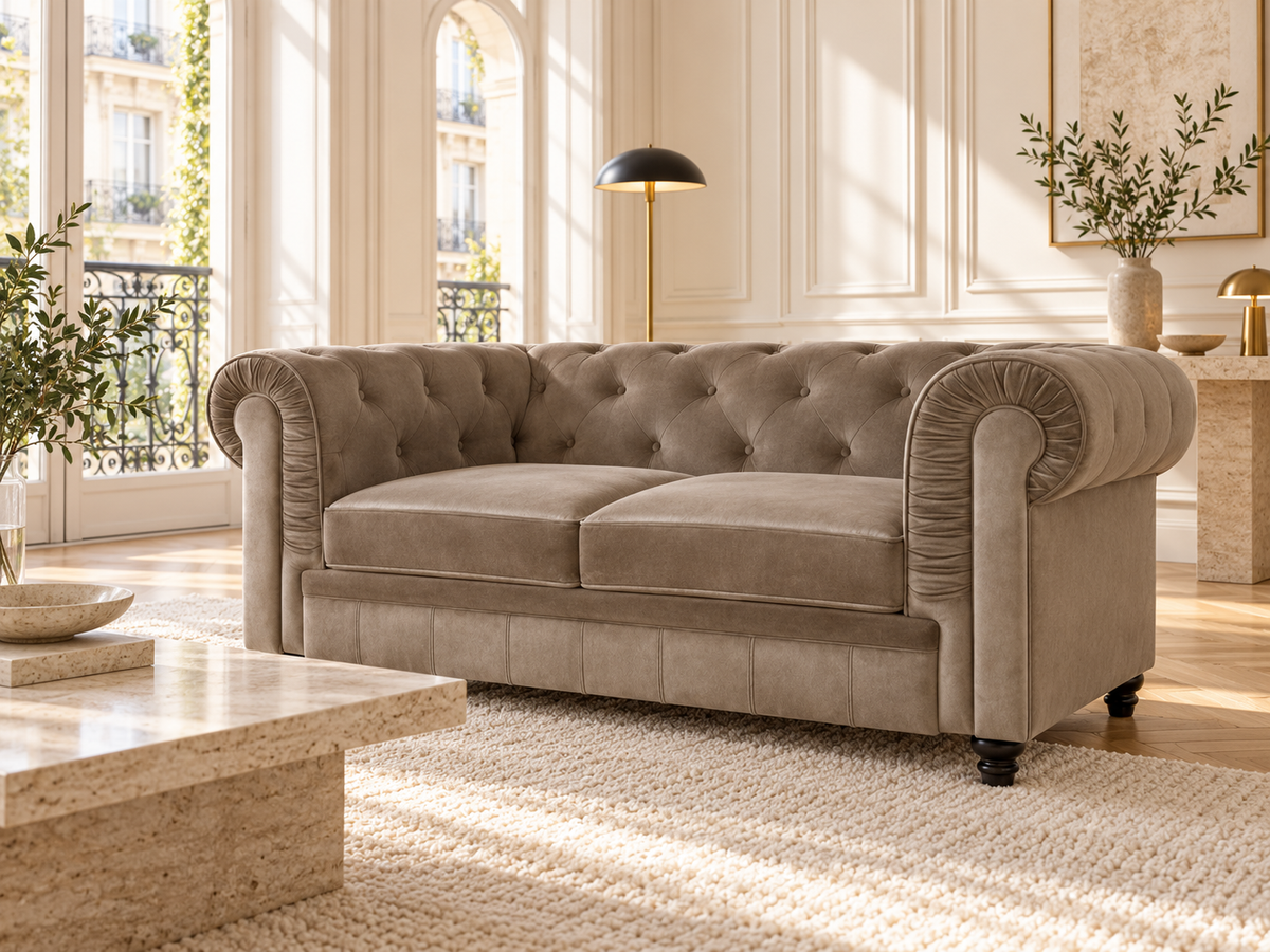 Chesterfield canape 2 places en velours taupe — ambiance, meuble entier