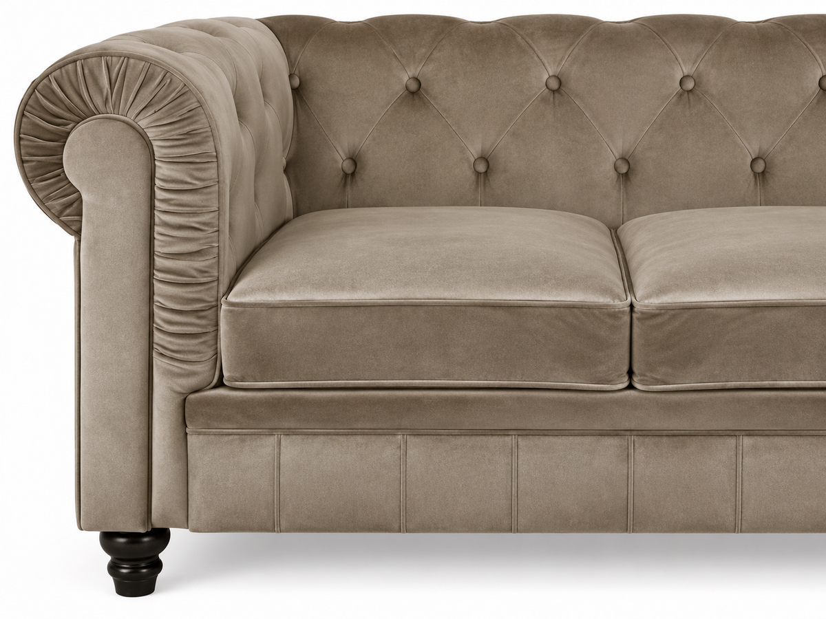 Chesterfield canape 2 places en velours taupe — détail