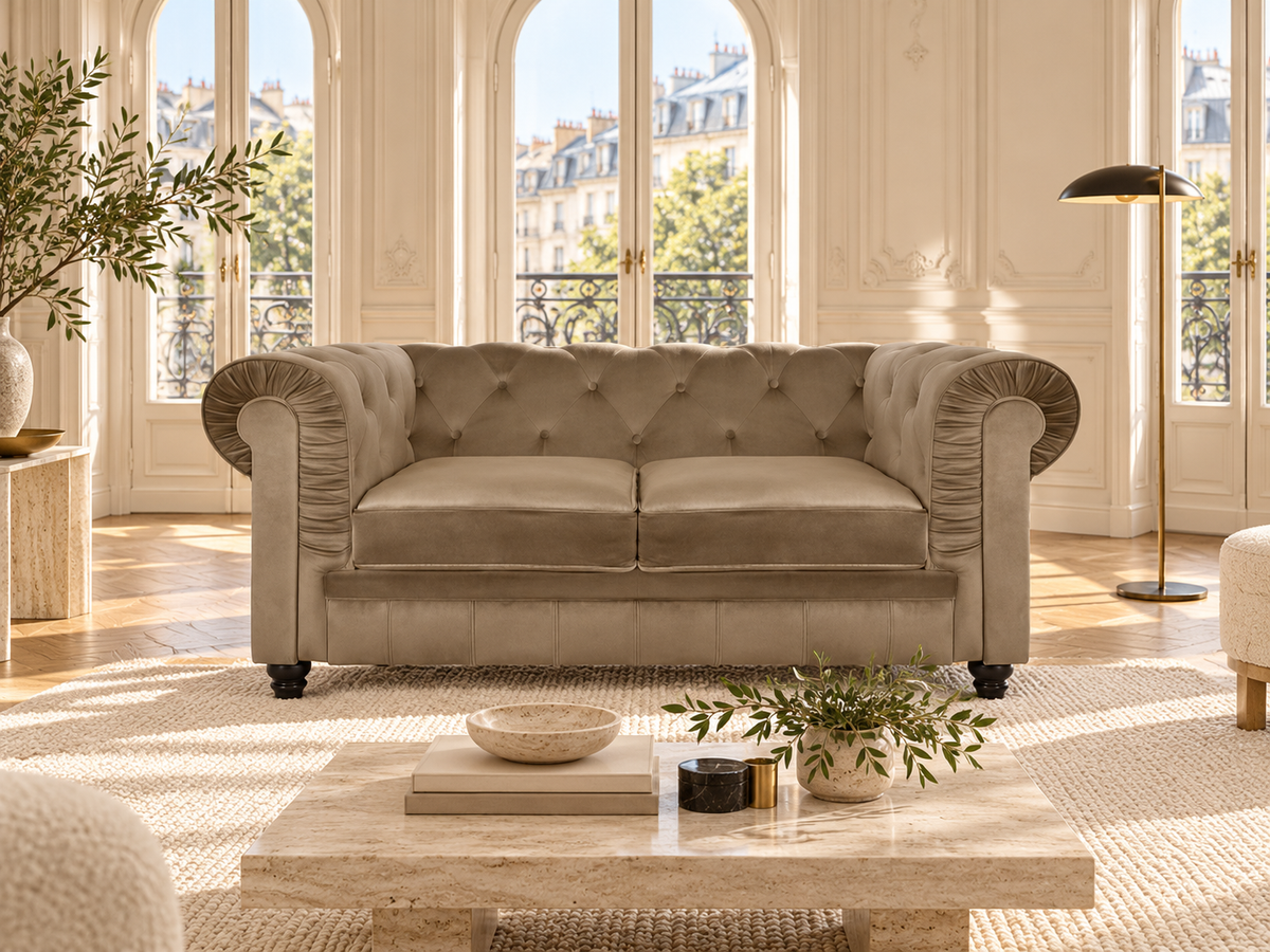 Chesterfield canape 2 places en velours taupe — ambiance, meuble entier
