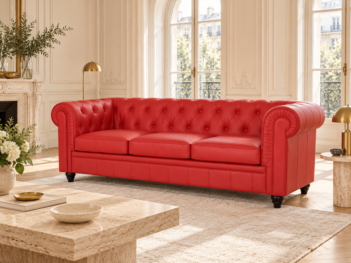 Chesterfield canape 3 places en simili cuir pu rouge — ambiance, meuble entier