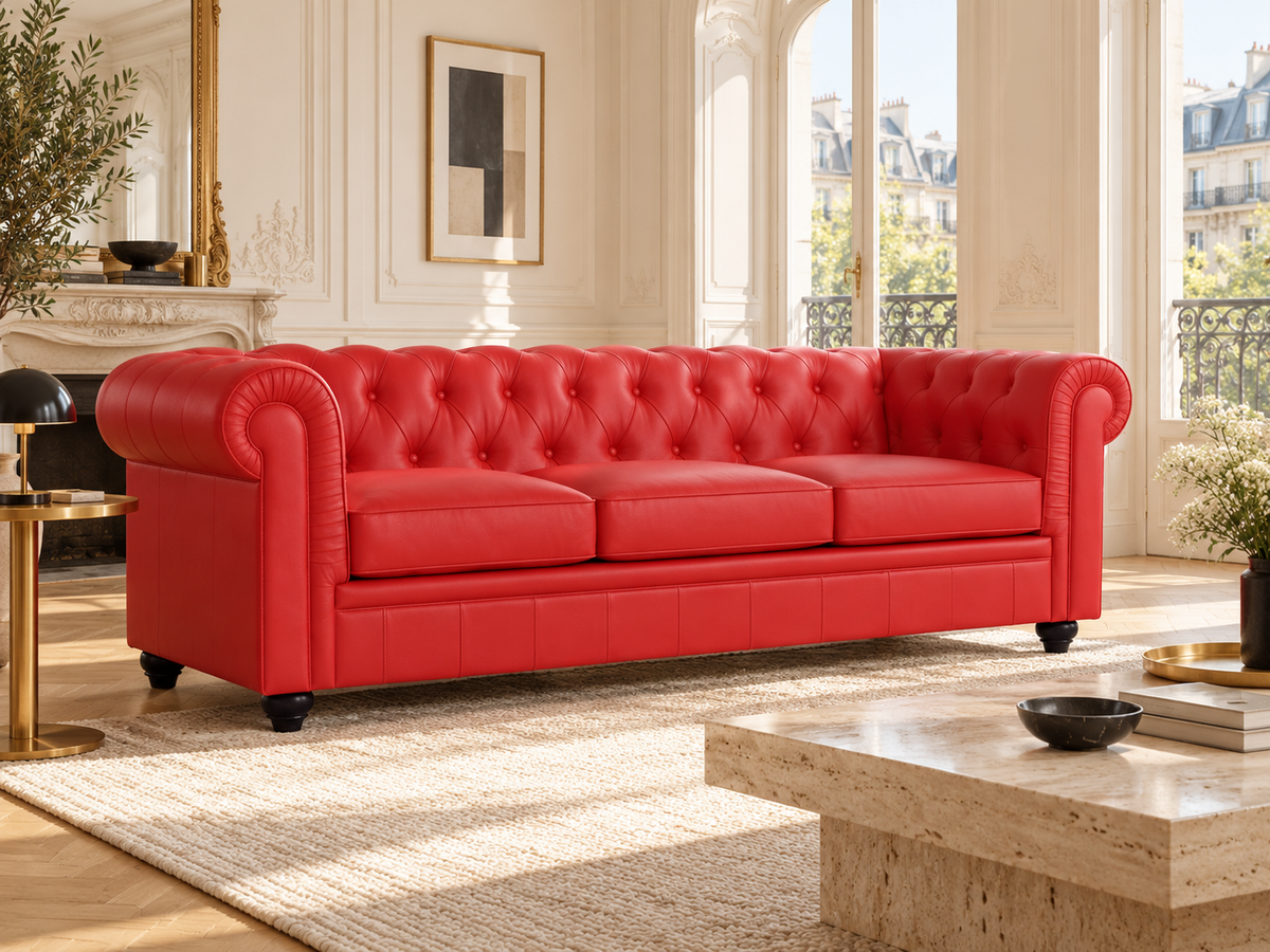 Chesterfield canape 3 places en simili cuir pu rouge — ambiance, meuble entier