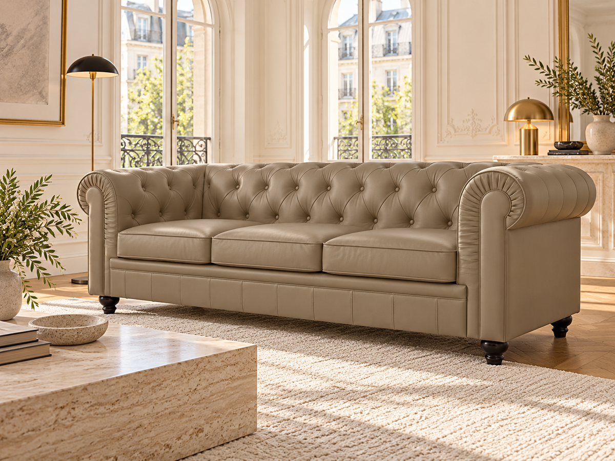 Chesterfield canape 3 places en simili cuir pu taupe — ambiance, meuble entier