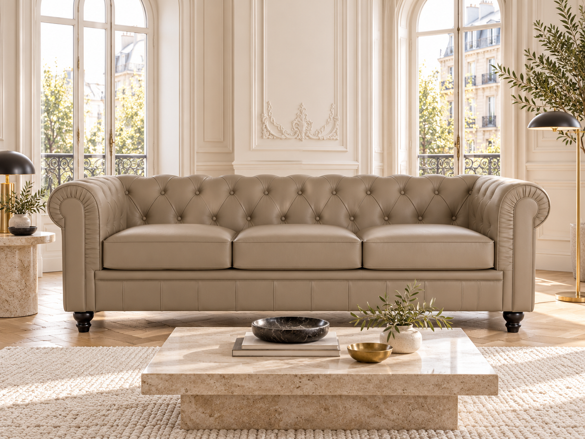 Chesterfield canape 3 places en simili cuir pu taupe — ambiance, meuble entier