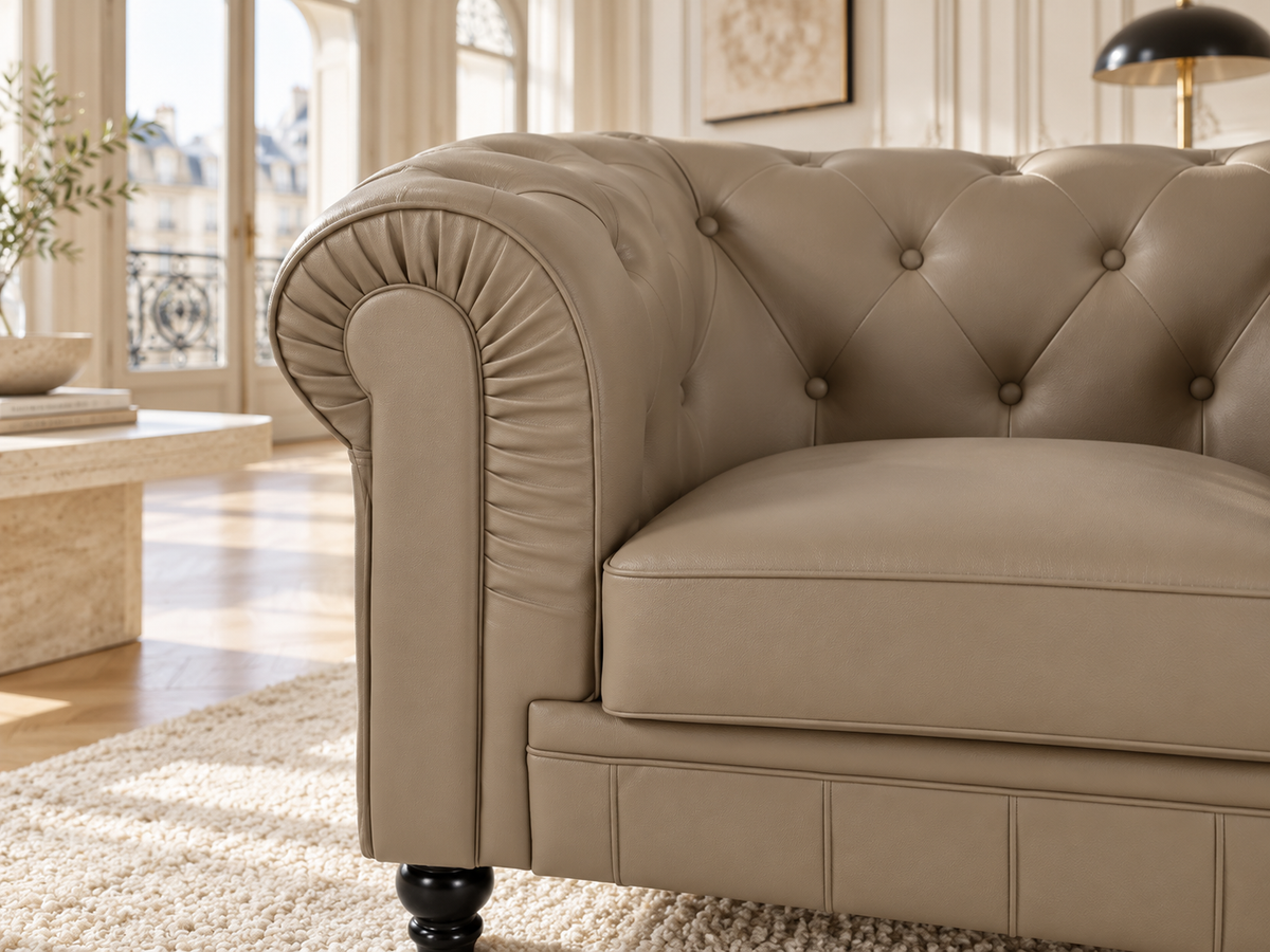 Chesterfield fauteuil 1 place en simili cuir pu taupe — détail