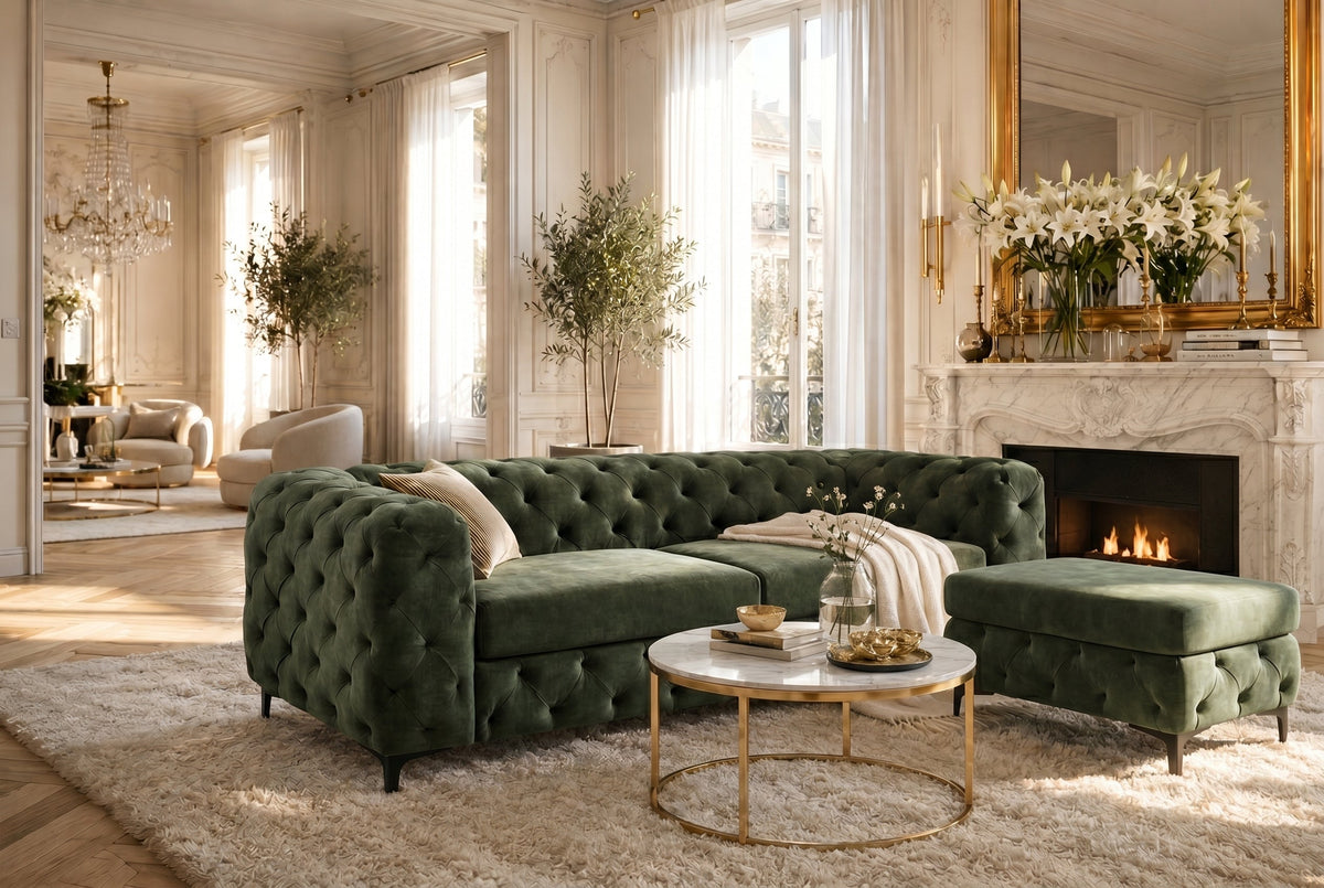 Chesterfield pouf MODERN BAROCK 95 cm vert velours repose-pieds
