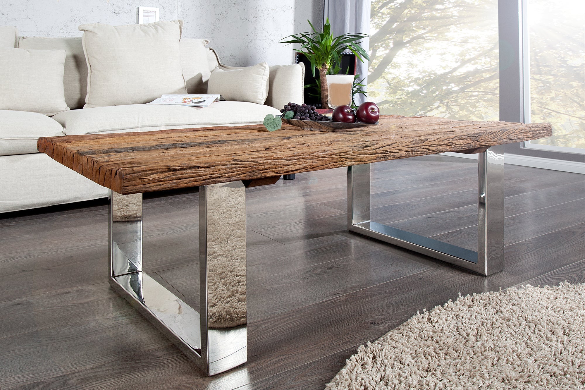 Coffee table EUPHORIA BARRACUDA 110cm recycled massive 40mm teak wood w/o glass plate