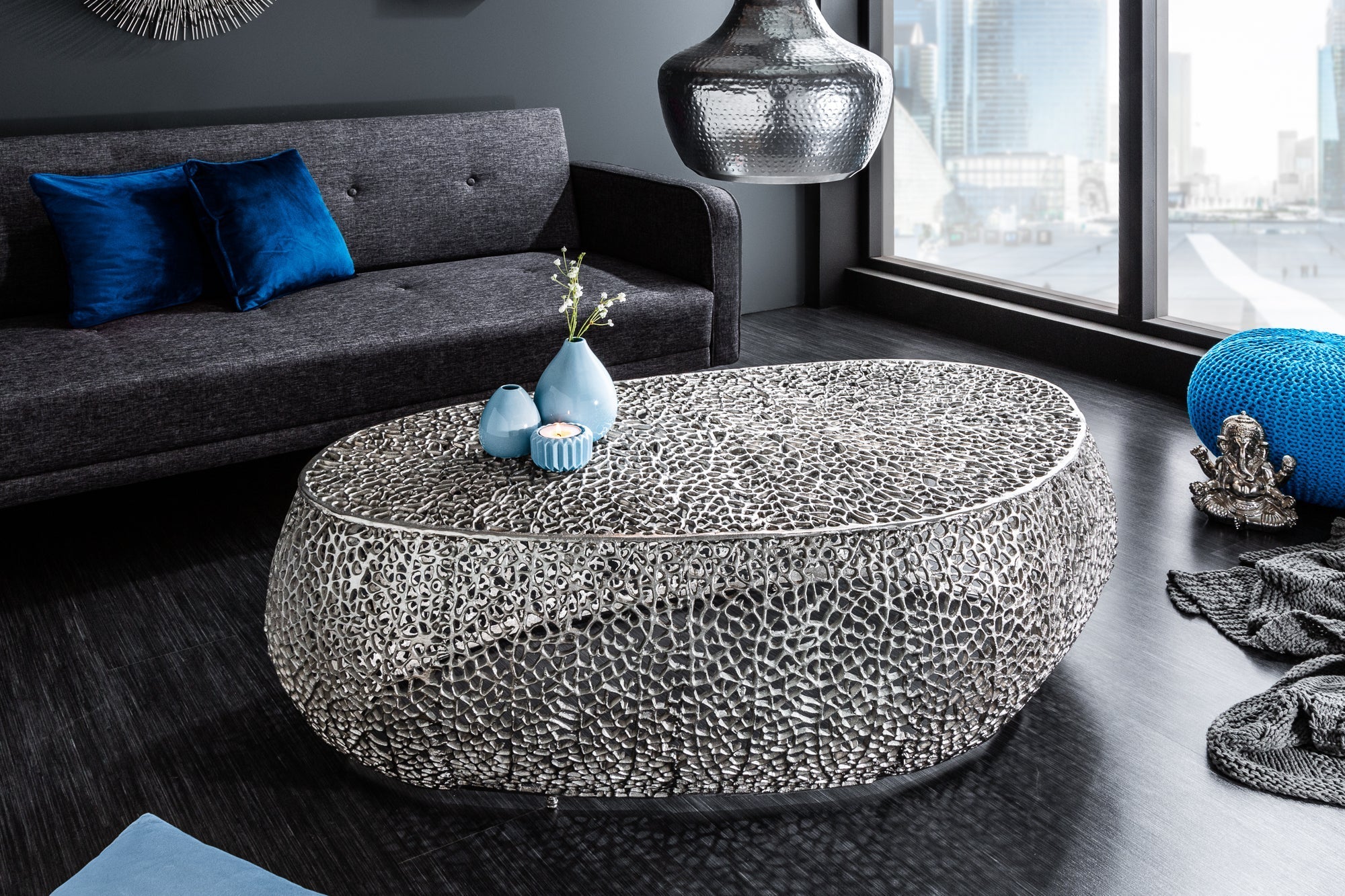 Coffee table LEAF 122cm metal silver handmade