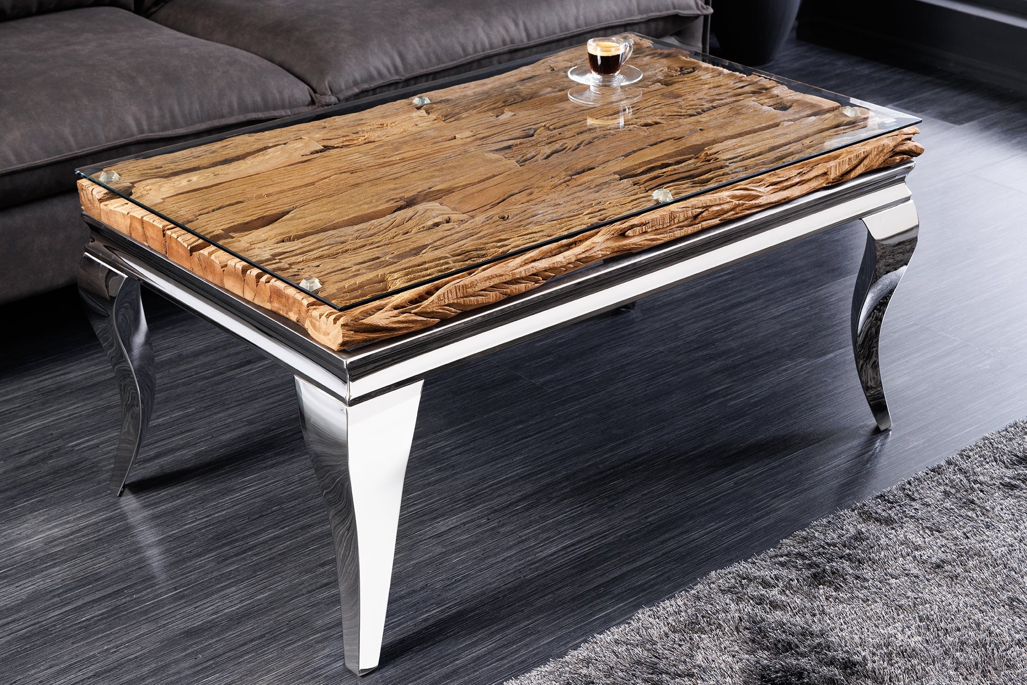 Coffee table MODERN BAROCK BARRACUDA 100cm chrome incl. glass top w/o teak top