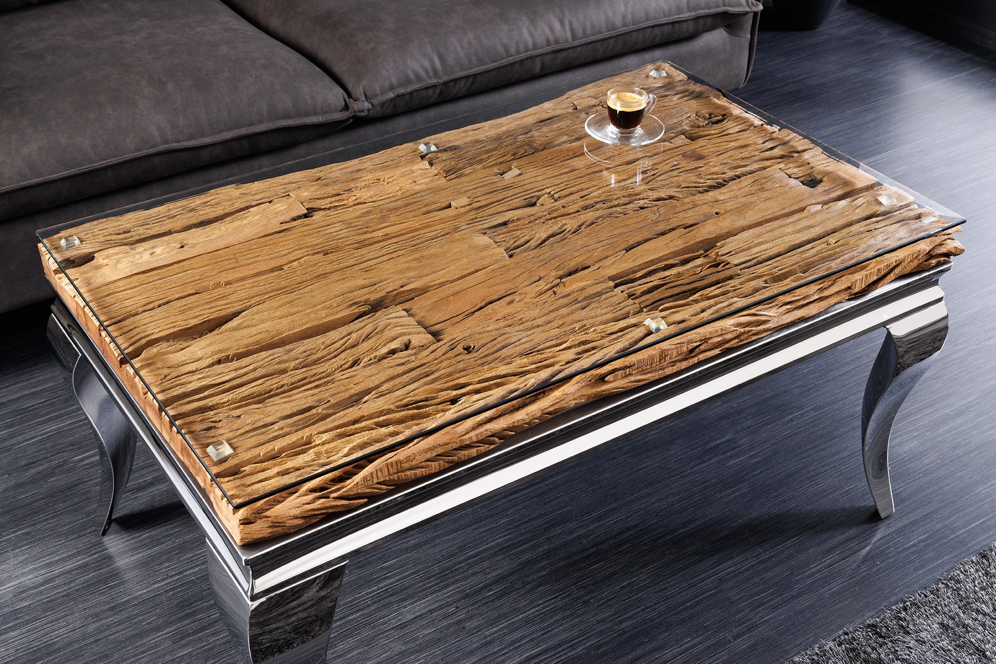 Coffee table MODERN BAROCK BARRACUDA 100cm chrome incl. glass top w/o teak top