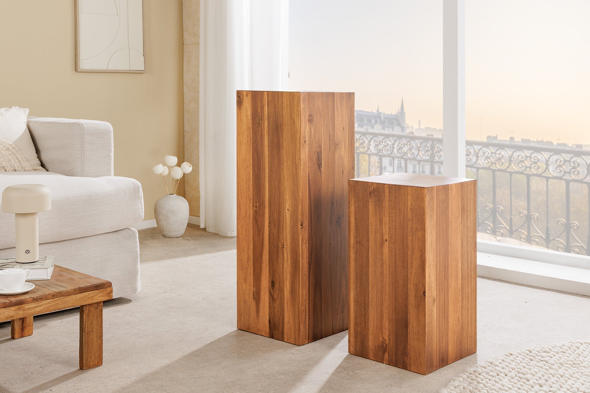Colonne décorative en bois massif COLUMNA 75cm table d’appoint en acacia marron