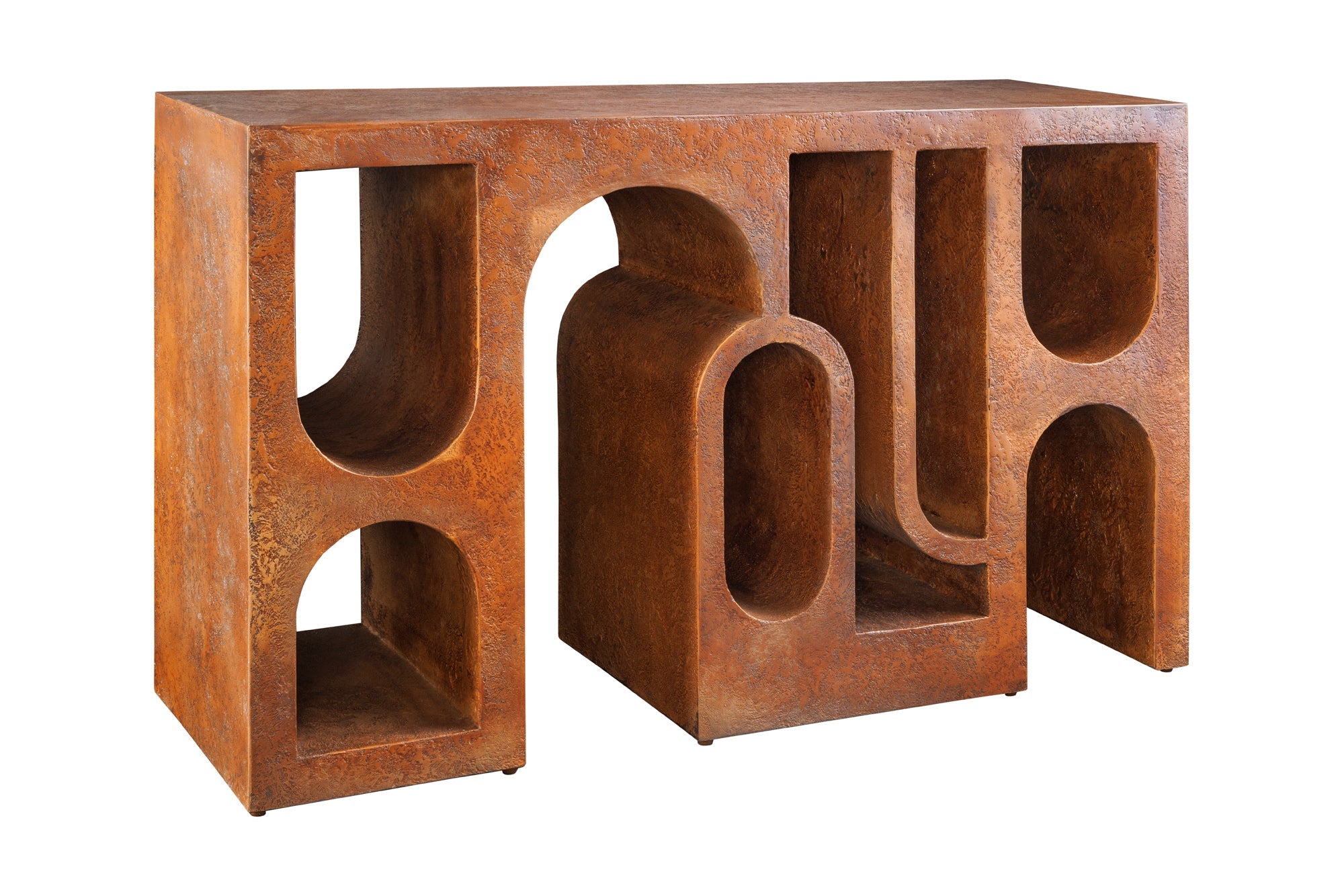 Consola abstracta ART AMBIENTE 120cm en hormigón con aspecto de cobre oxidado diseño de arco redondo
