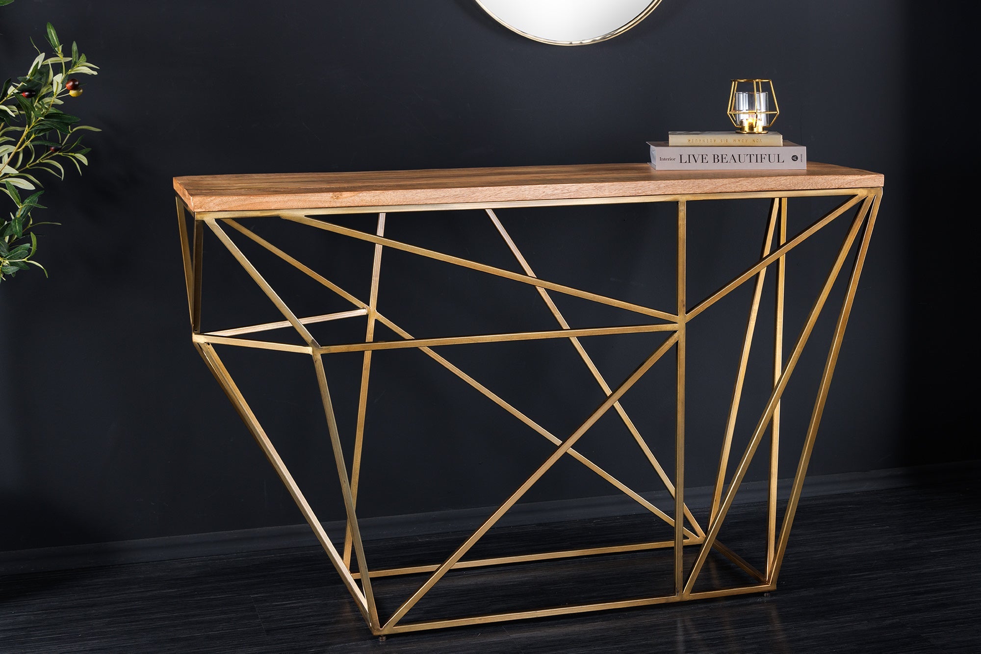 Consola abstracta DIAMOND 120cm latón natural madera de mango estructura metálica